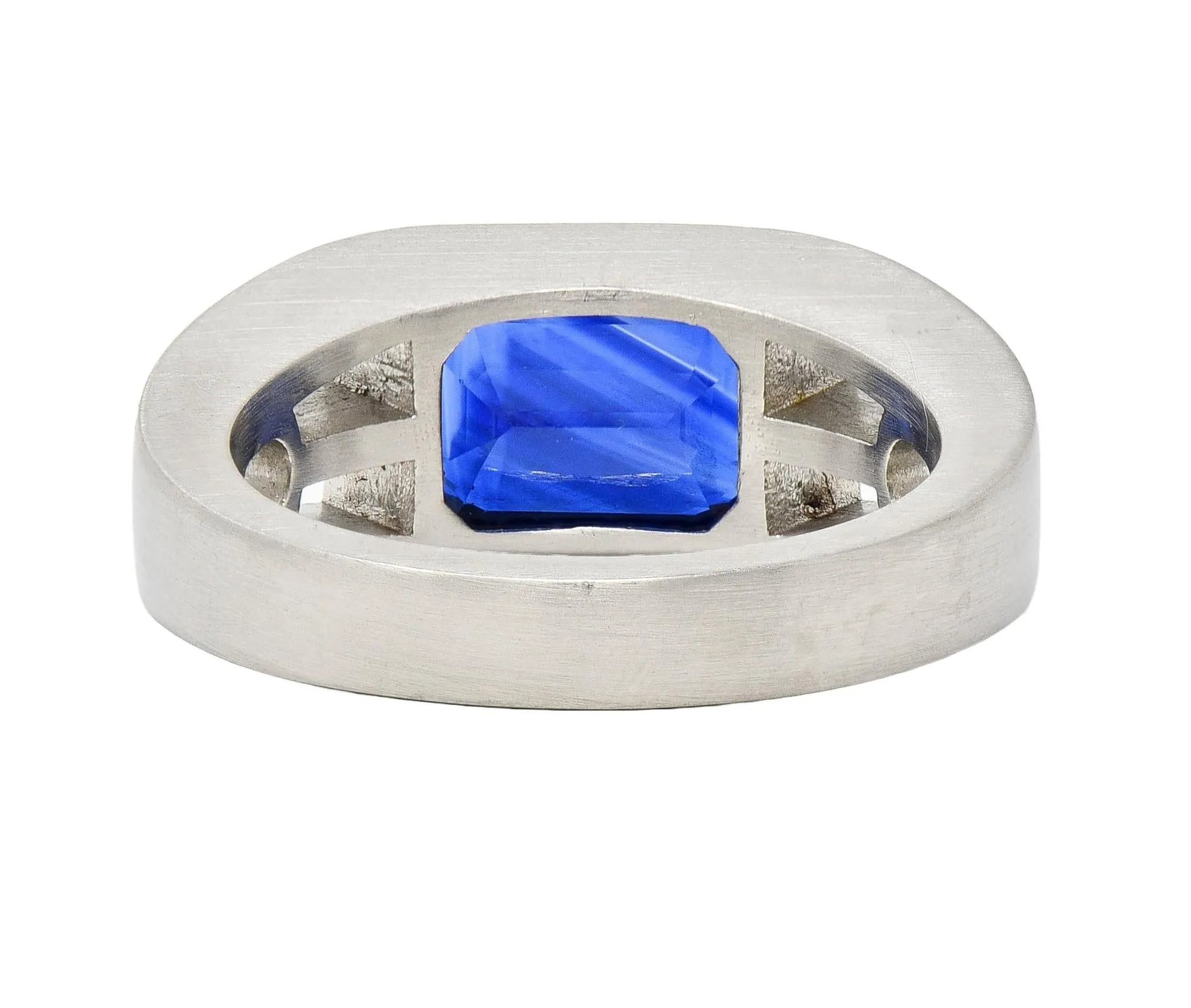 Modernist 5.60 CT Blue Sapphire Platinum Geometric Unisex Men's Signet Ring
