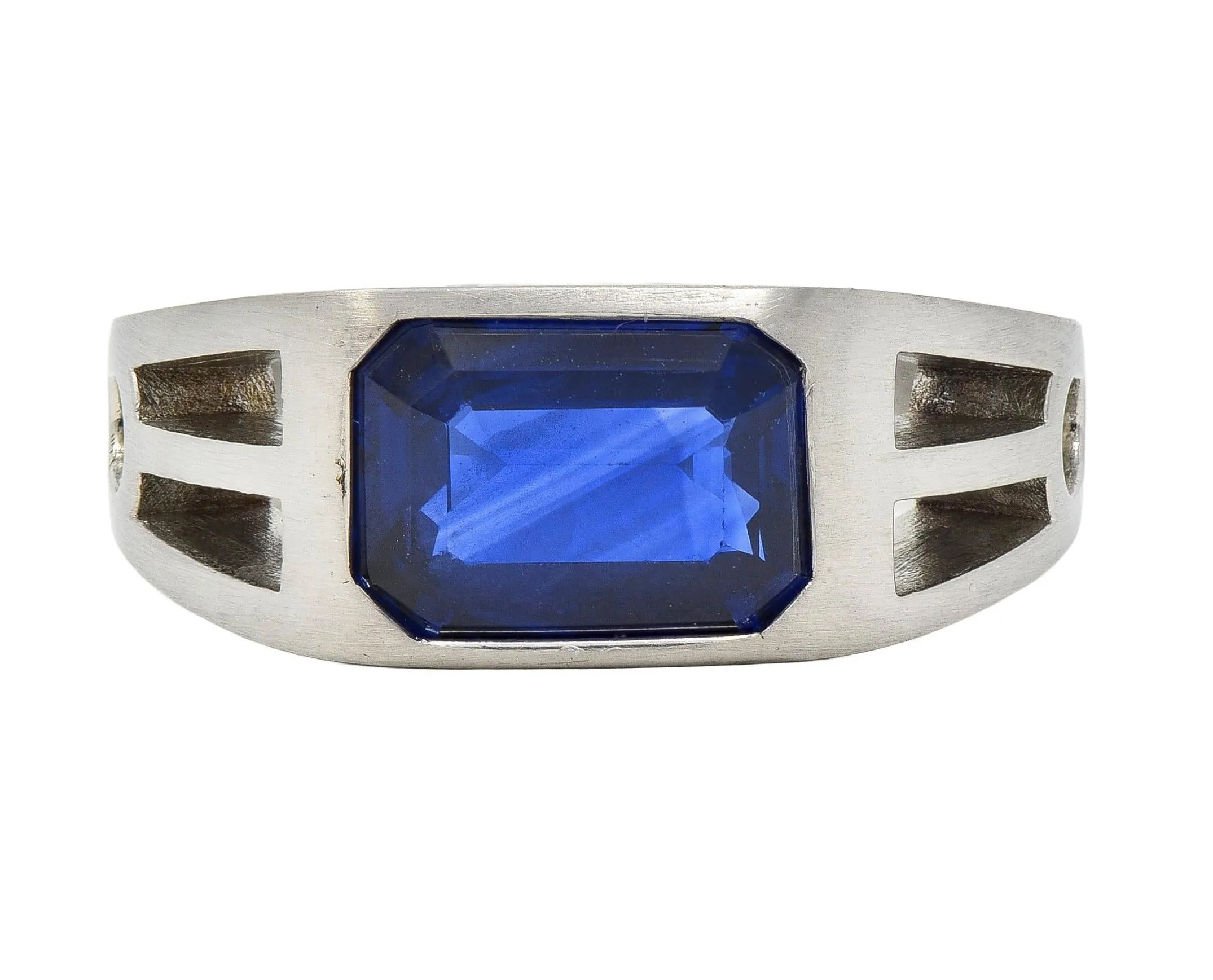 Modernist 5.60 CT Blue Sapphire Platinum Geometric Unisex Men's Signet Ring
