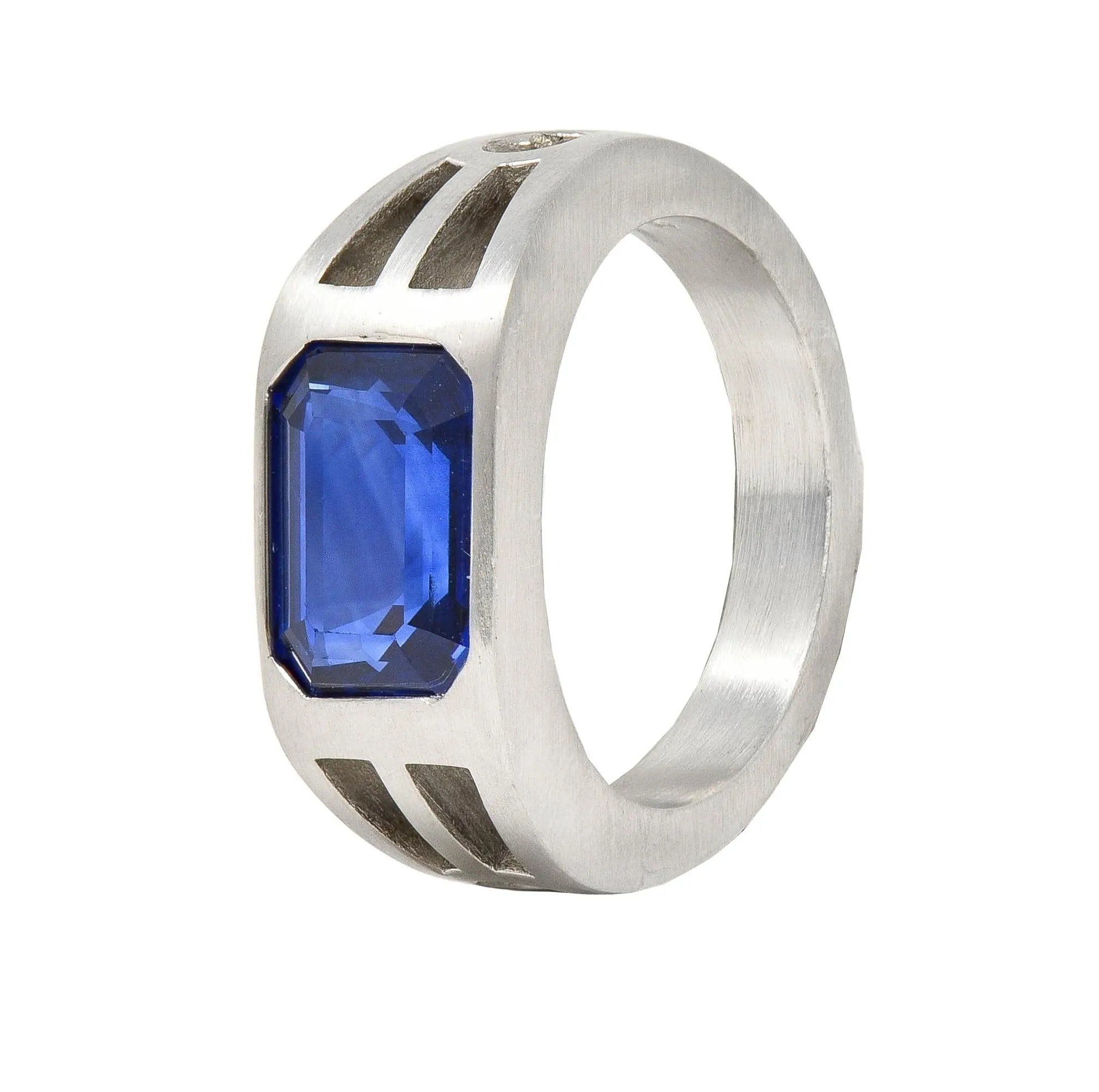 Modernist 5.60 CT Blue Sapphire Platinum Geometric Unisex Men's Signet Ring