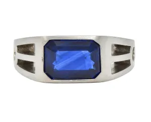 Modernist 5.60 CT Blue Sapphire Platinum Geometric Unisex Men's Signet Ring