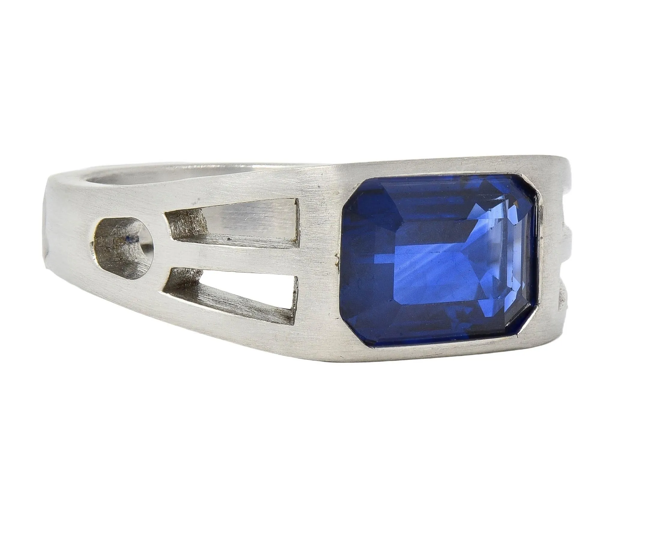 Modernist 5.60 CT Blue Sapphire Platinum Geometric Unisex Men's Signet Ring