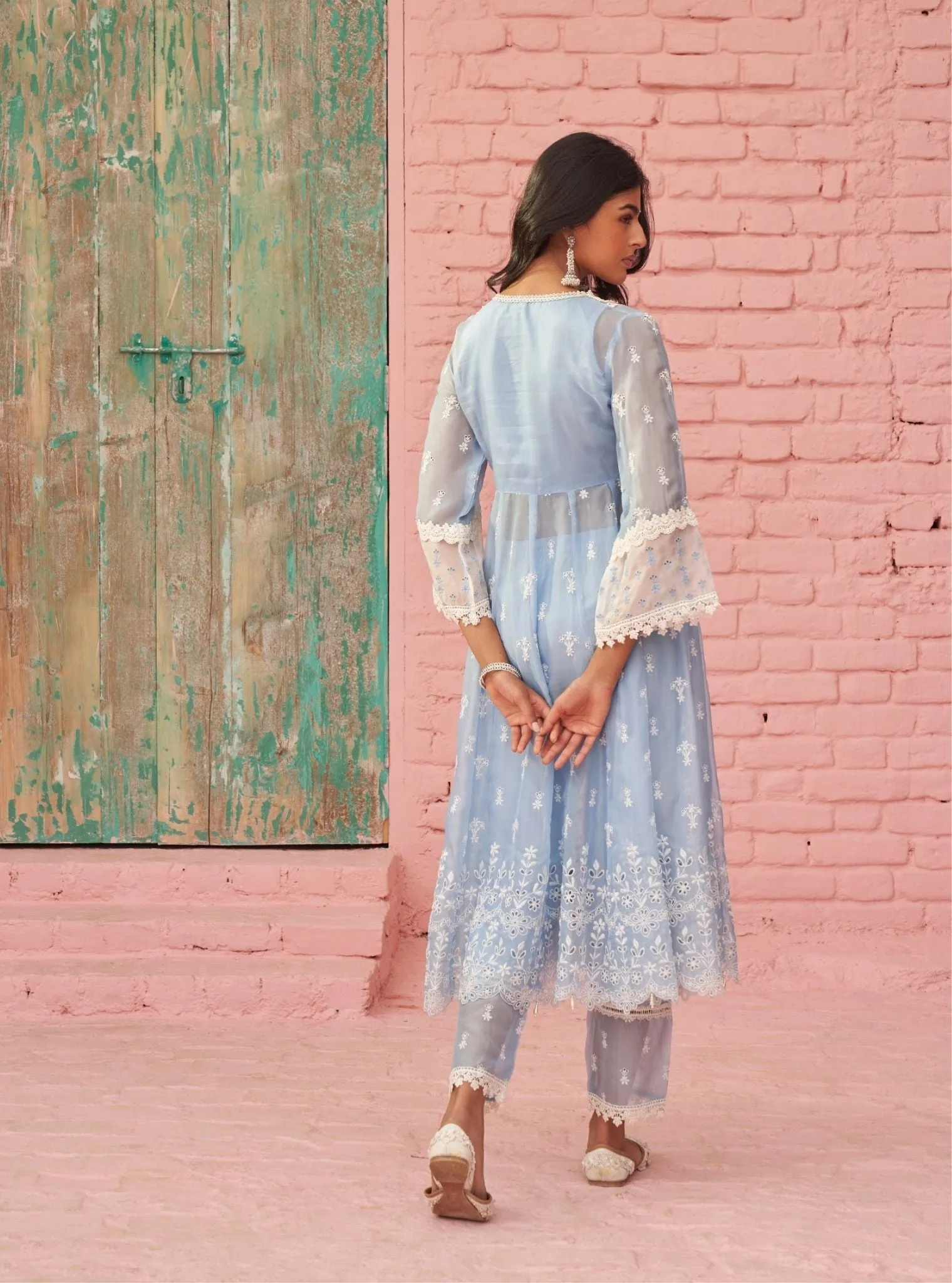 Mulmul Organza Sybil Blue Anarkali Kurta With Mulmul Cotton Sybil Blue Pant