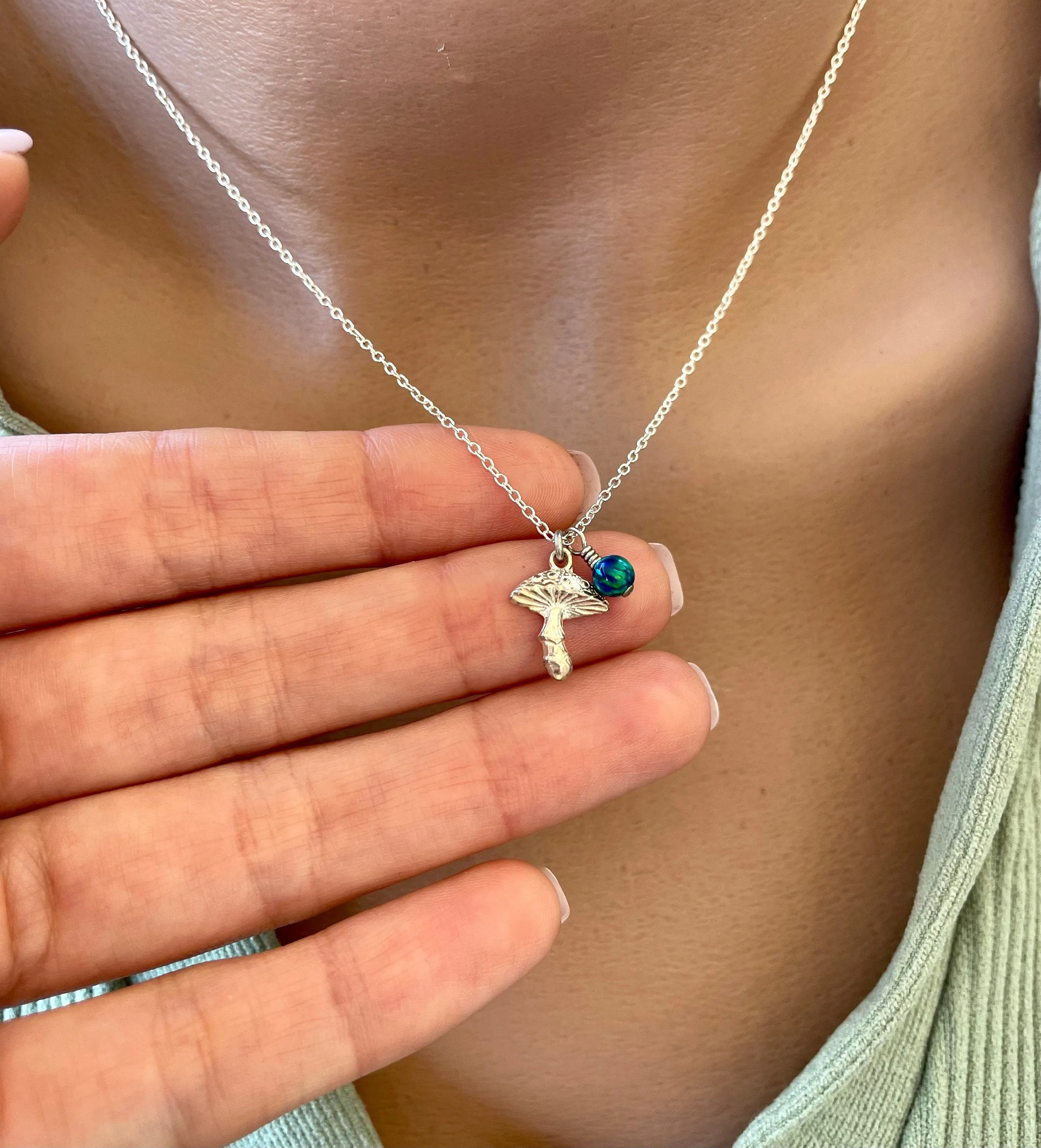 Mushroom Necklace, Mushroom Pendant, Sterling silver mushroom necklace with opal, Mushroom Charm Jewelry, Silver Mushroom, Mushroom gift