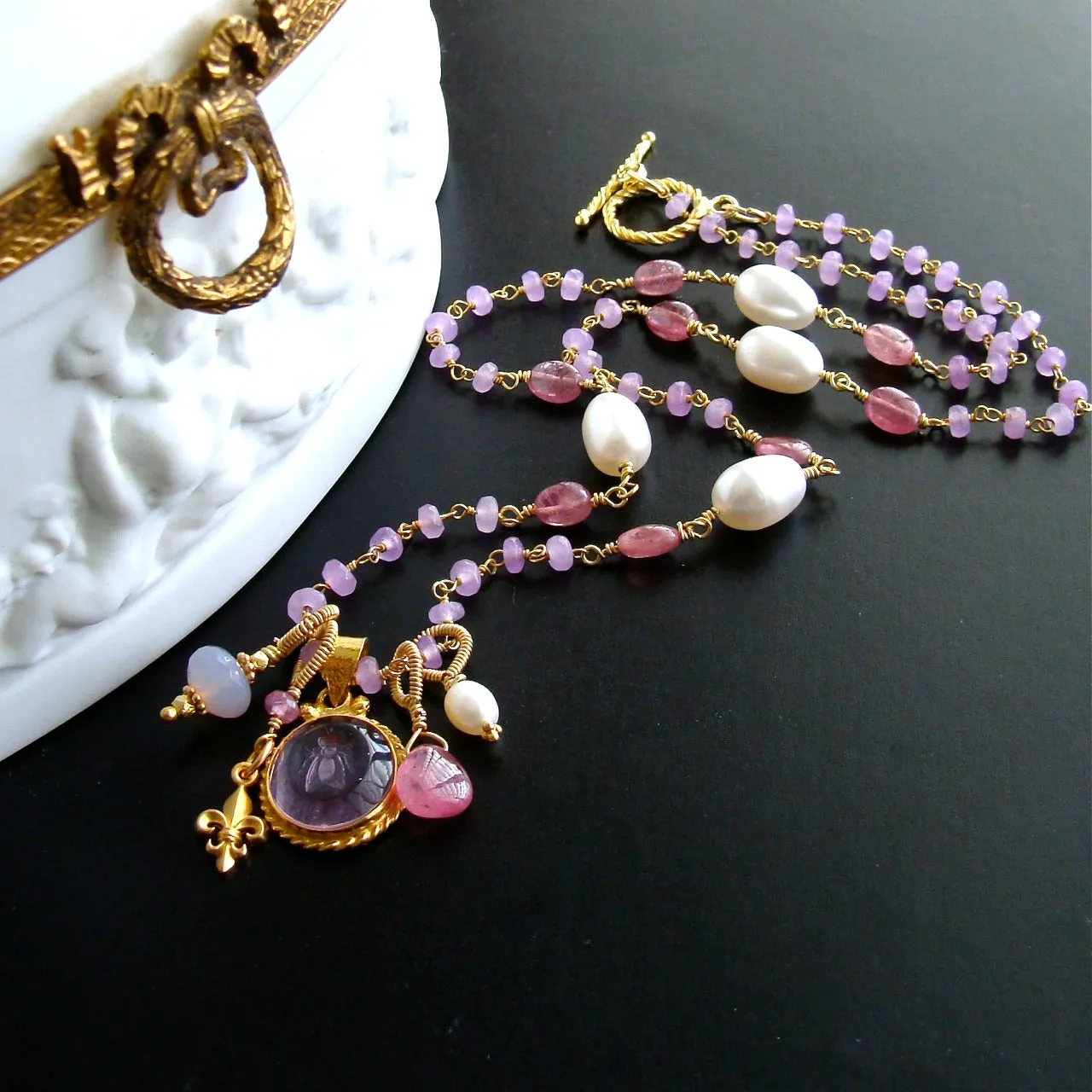 Napoleonic Bee Intaglio Blue Topaz Kyanite Pearls Necklace - Peu d’Abelle II Necklace