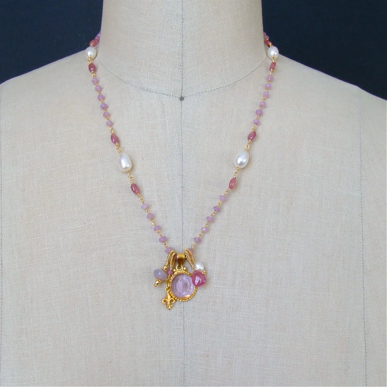 Napoleonic Bee Intaglio Blue Topaz Kyanite Pearls Necklace - Peu d’Abelle II Necklace
