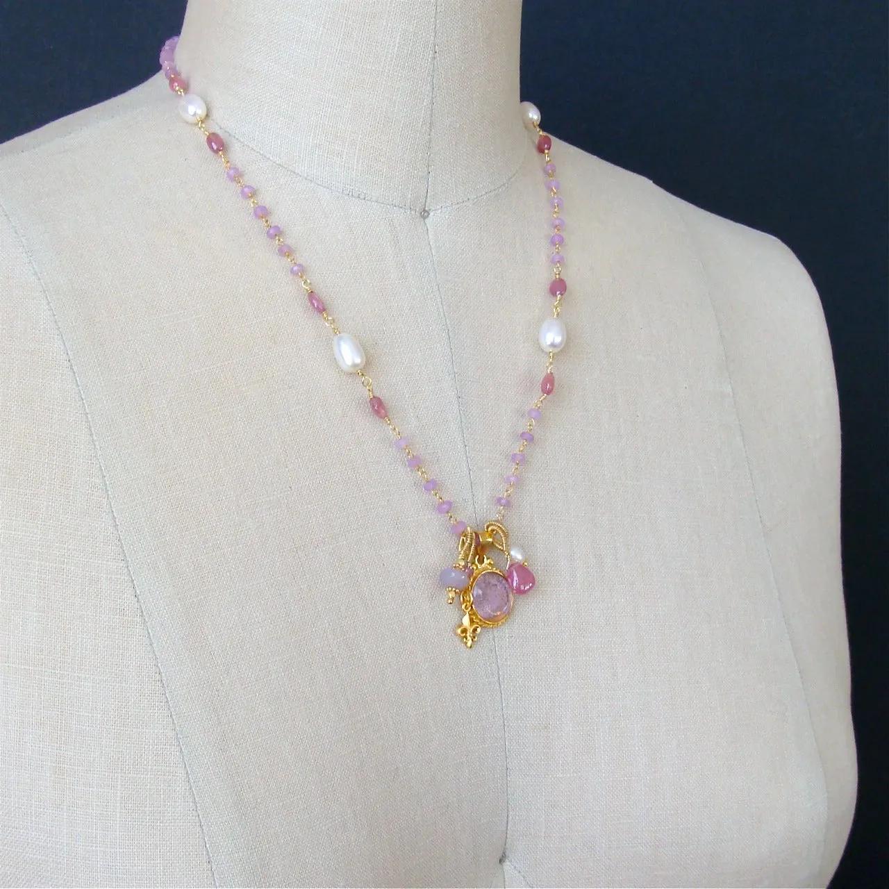 Napoleonic Bee Intaglio Blue Topaz Kyanite Pearls Necklace - Peu d’Abelle II Necklace