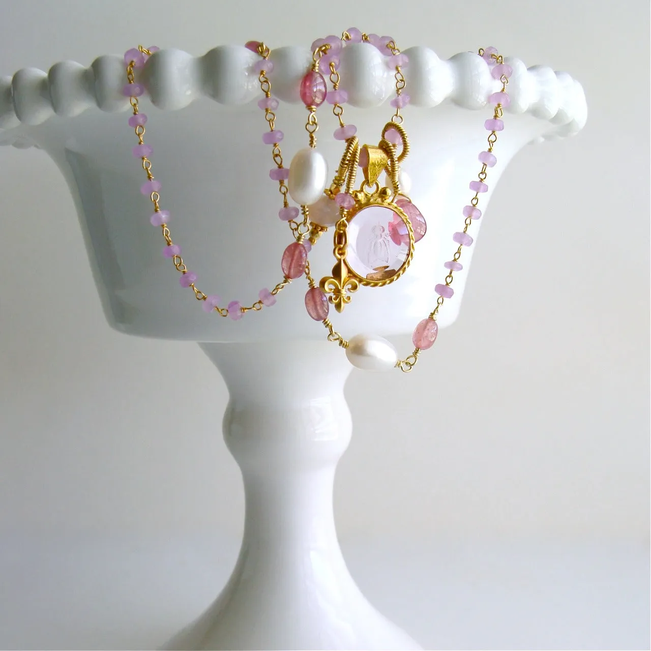 Napoleonic Bee Intaglio Blue Topaz Kyanite Pearls Necklace - Peu d’Abelle II Necklace