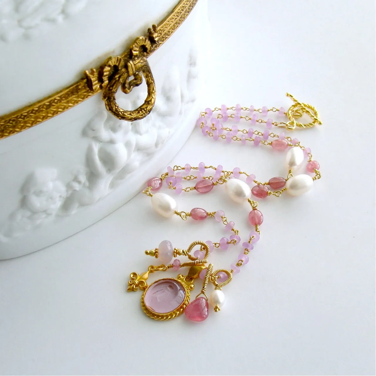 Napoleonic Bee Intaglio Blue Topaz Kyanite Pearls Necklace - Peu d’Abelle II Necklace