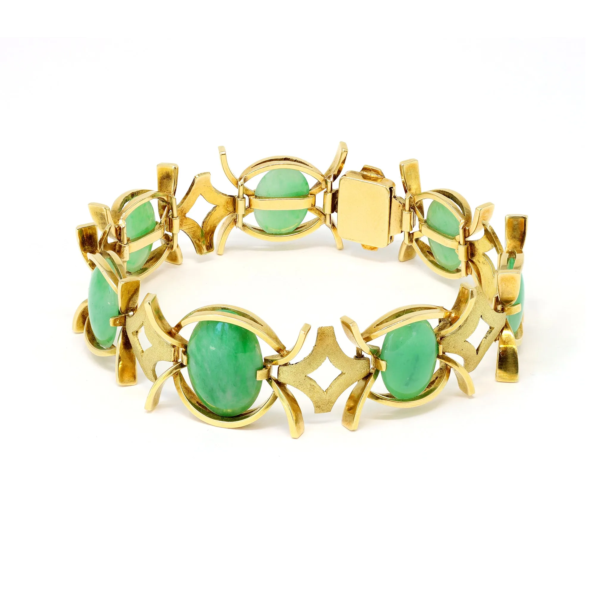 Natural Cabochon Jadeite and 18k Yellow Gold Bracelet