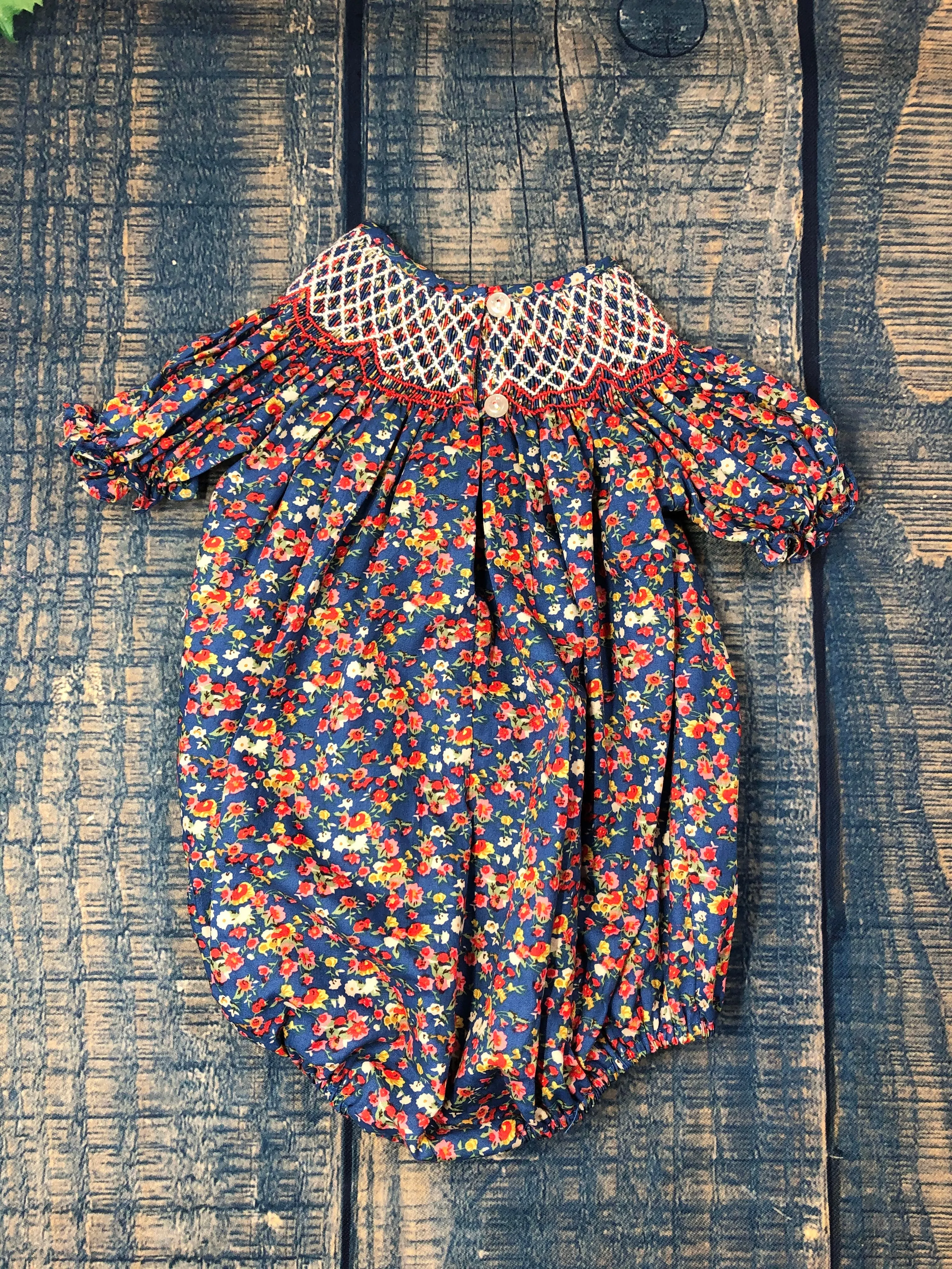 Navy blue red white floral smocked bubbles