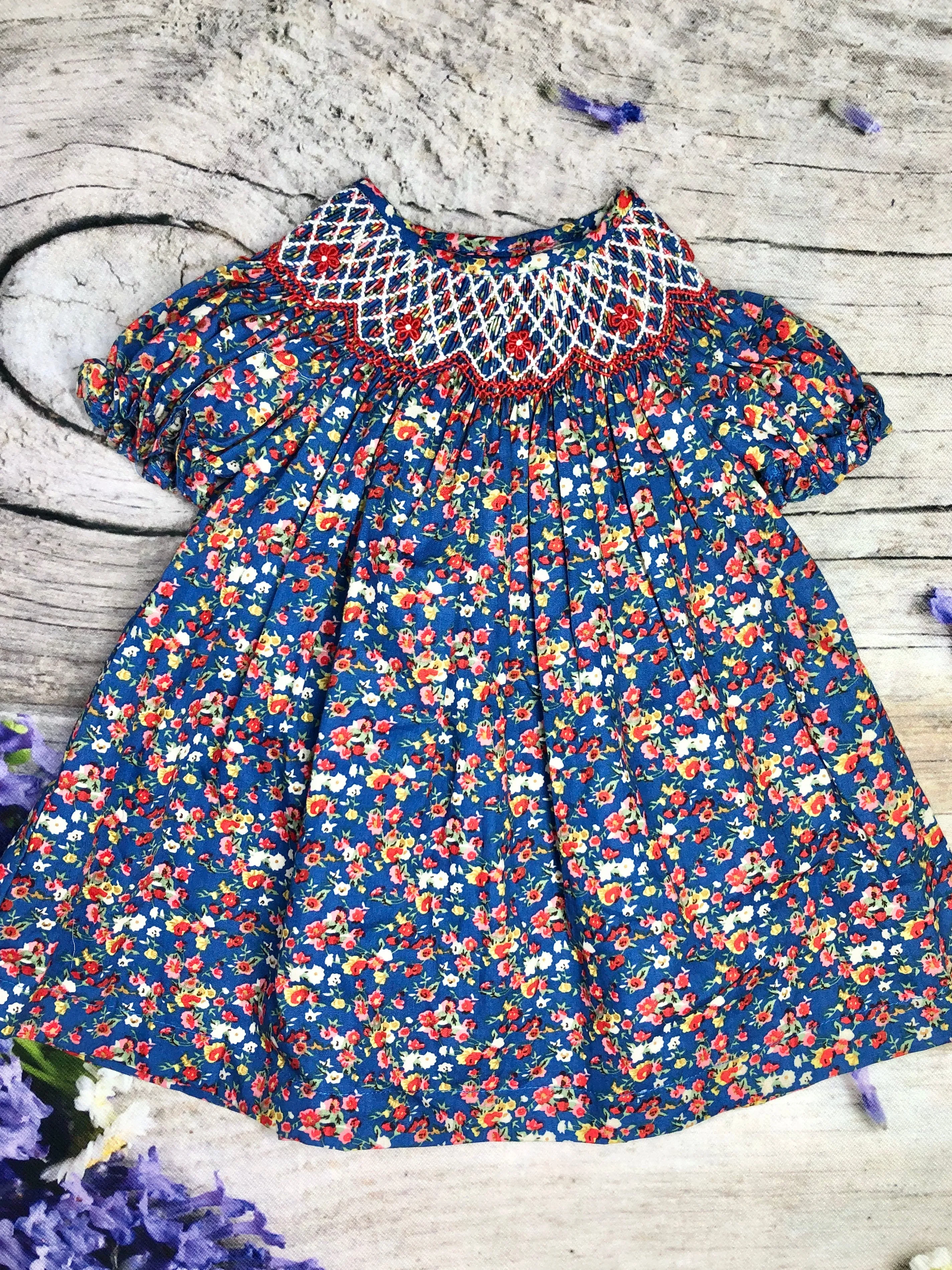 Navy blue red white floral smocked bubbles
