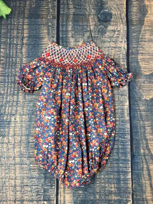 Navy blue red white floral smocked bubbles