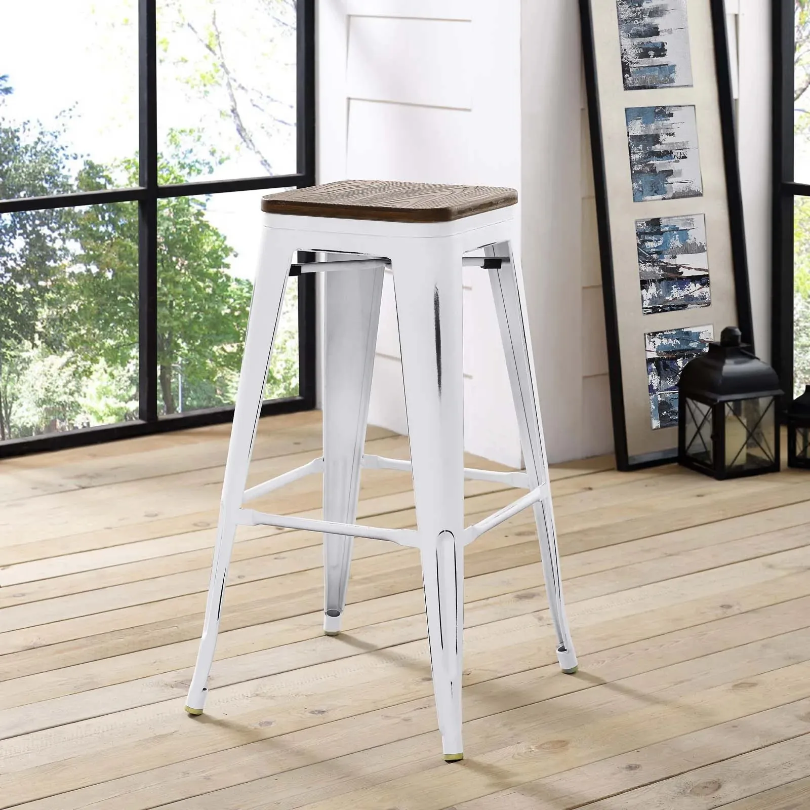 New G-Furn set of 3 bamboo and metal bar stools in Antique White, 27" Seat Height. Retails $278 