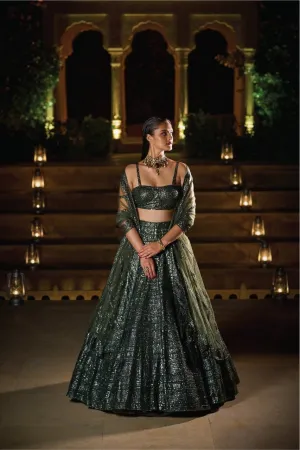 Olive Green Sequin Lehenga Set