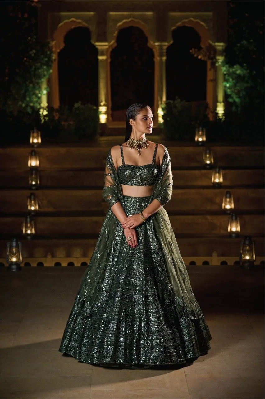 Olive Green Sequin Lehenga Set