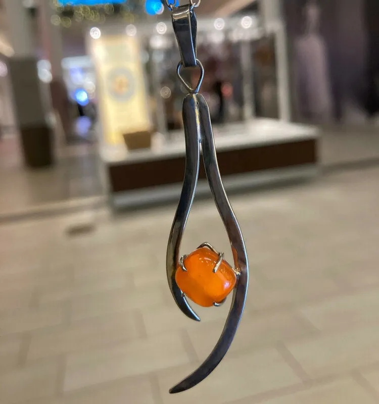 One of a kind Recycled Glass orange pendant . Handmade fused necklace. Dainty glass jewelry . Unique pieces. Awesome stone