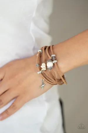 Paparazzi " Canyon Flight " Tan Suede Silver & White Bead Bird Charm Clasp Bracelet