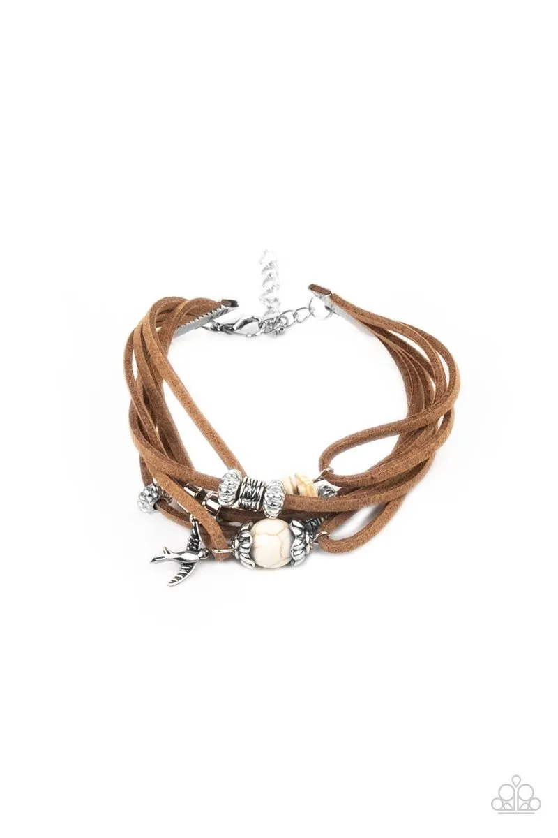Paparazzi " Canyon Flight " Tan Suede Silver & White Bead Bird Charm Clasp Bracelet