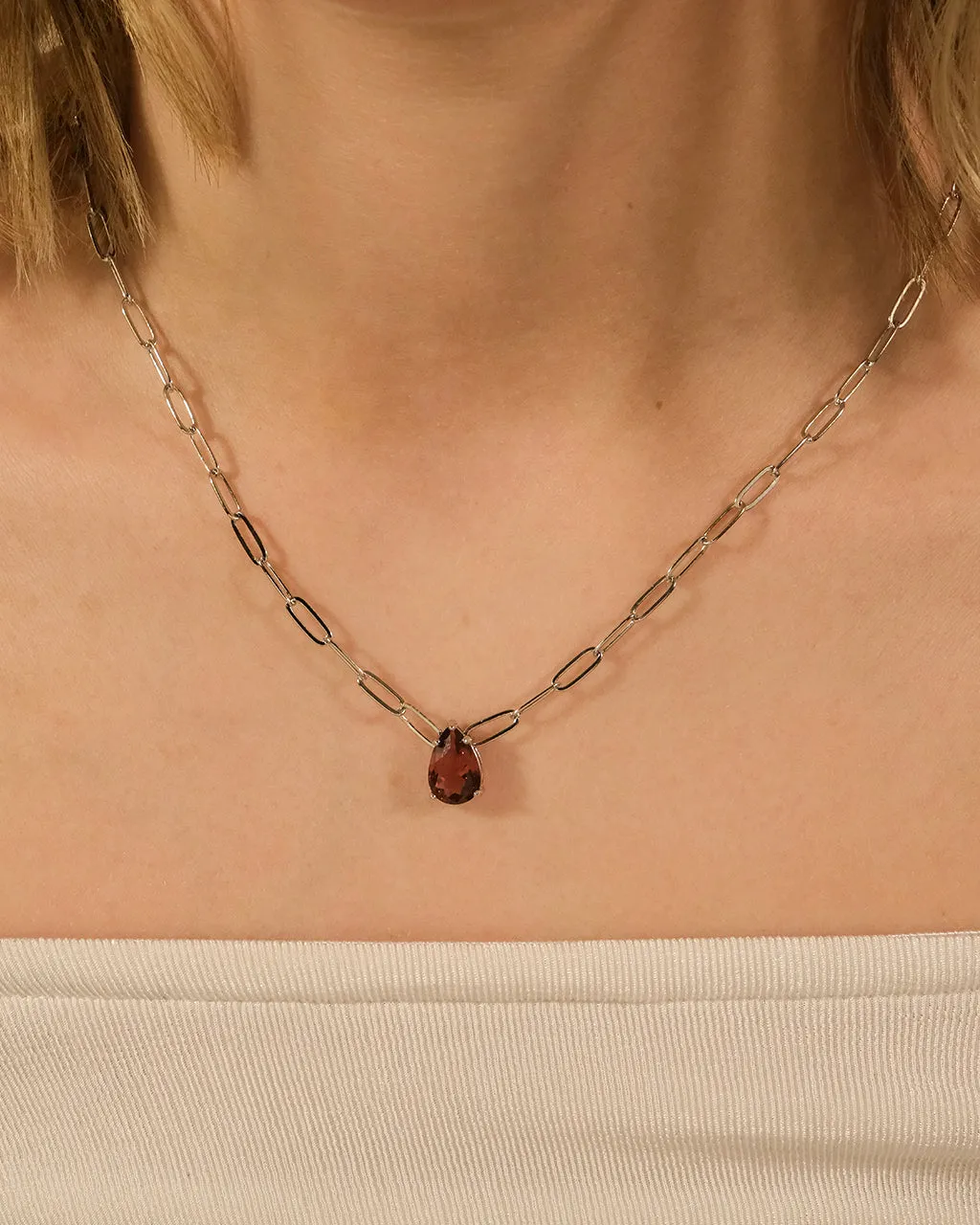 Paperclip Chain with Teardrop CZ Pendant Necklace