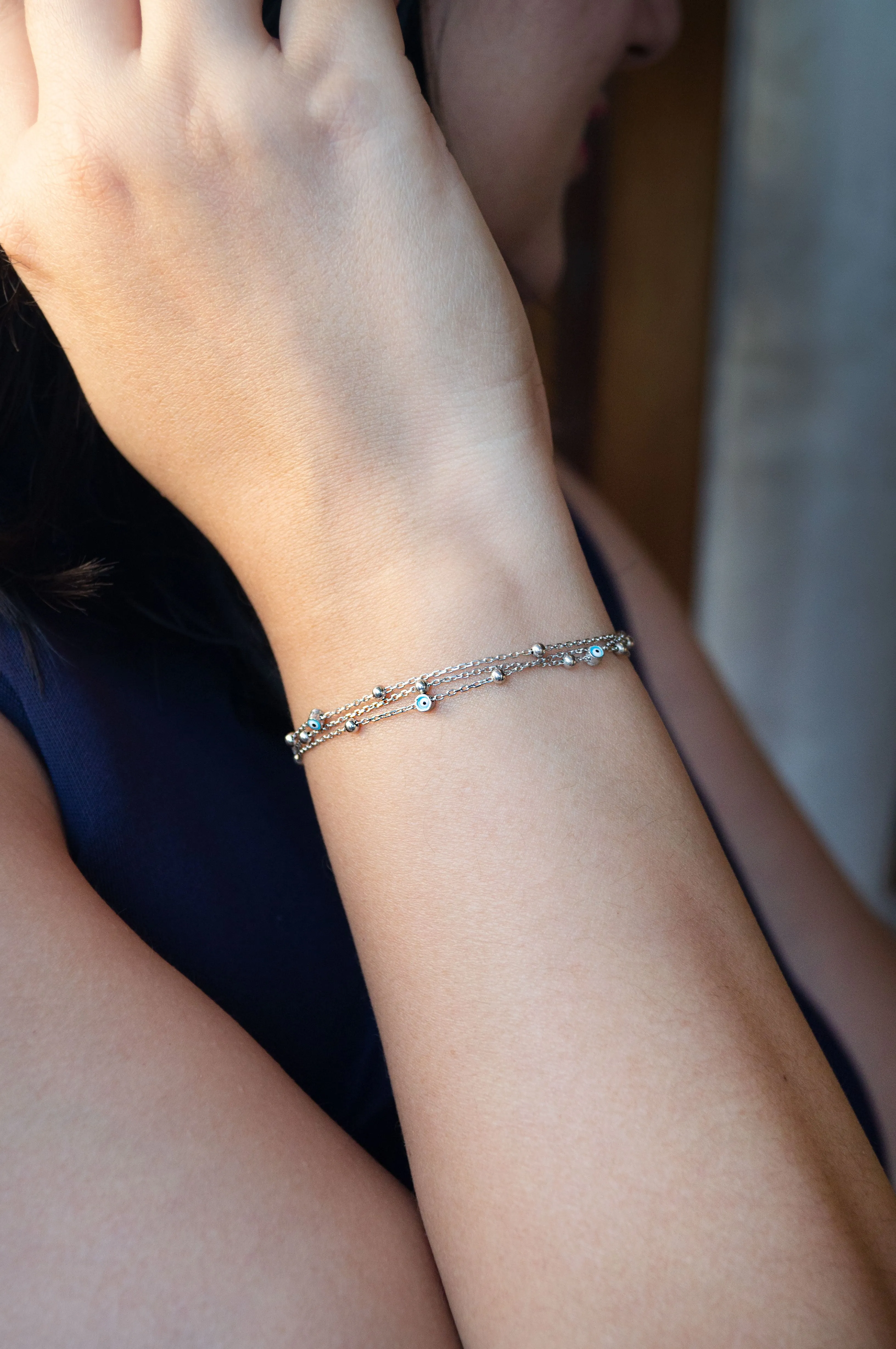 Playfully Layered Evil Eye Sterling Silver Chain Bracelet