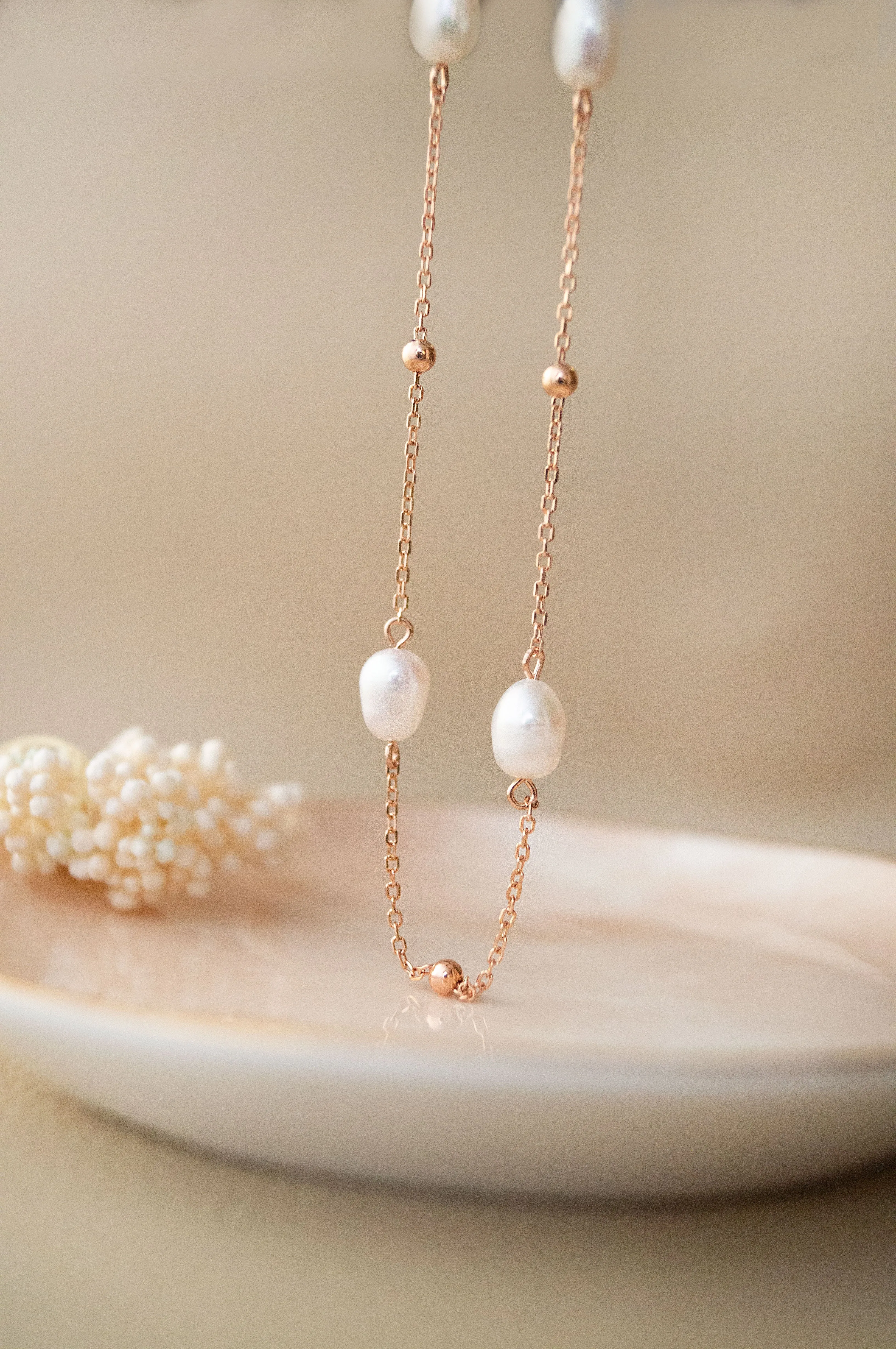 Pretty Pearls Station Rose Gold Plated  Sterling Silver Chain Necklace