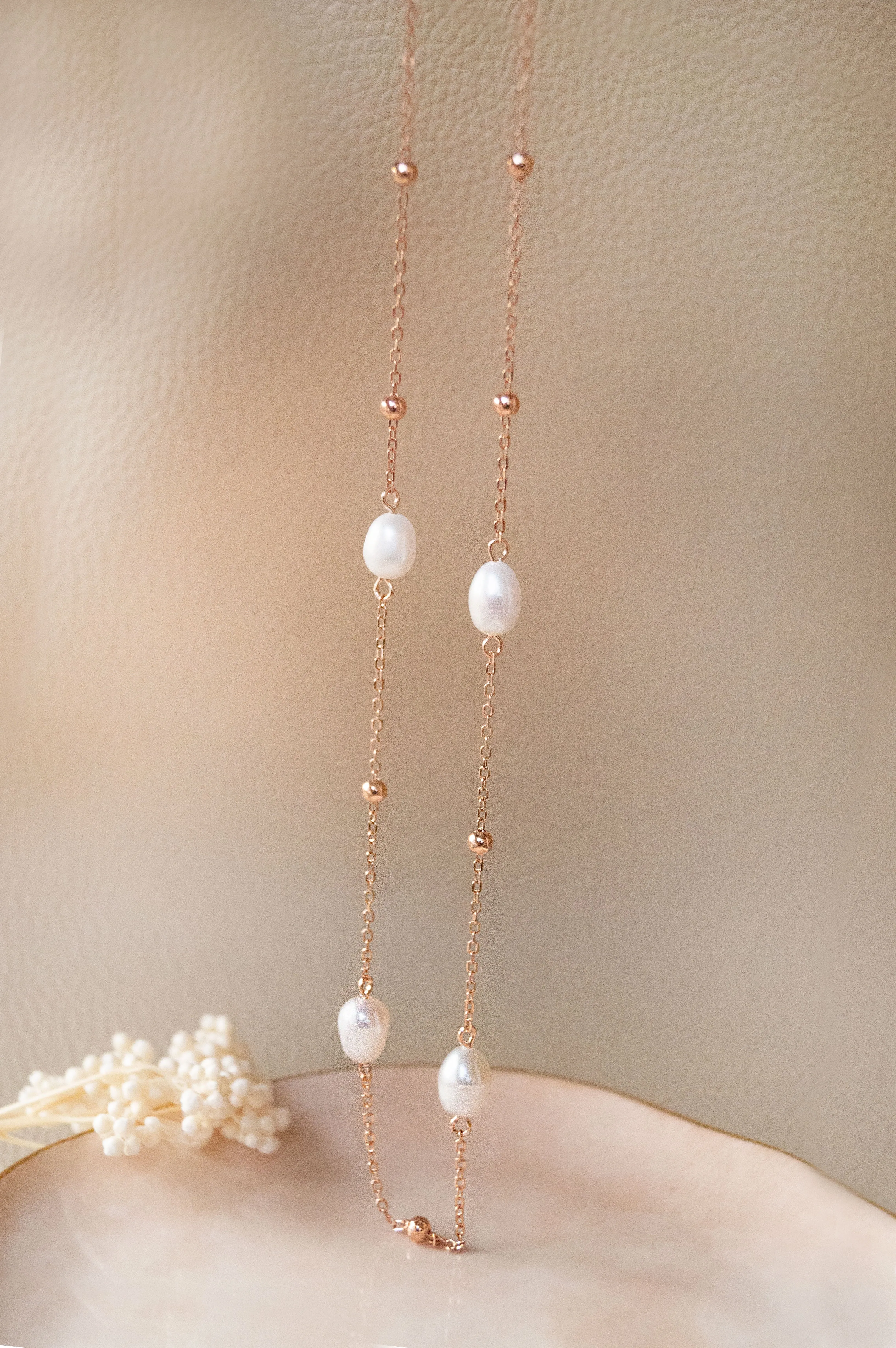 Pretty Pearls Station Rose Gold Plated  Sterling Silver Chain Necklace