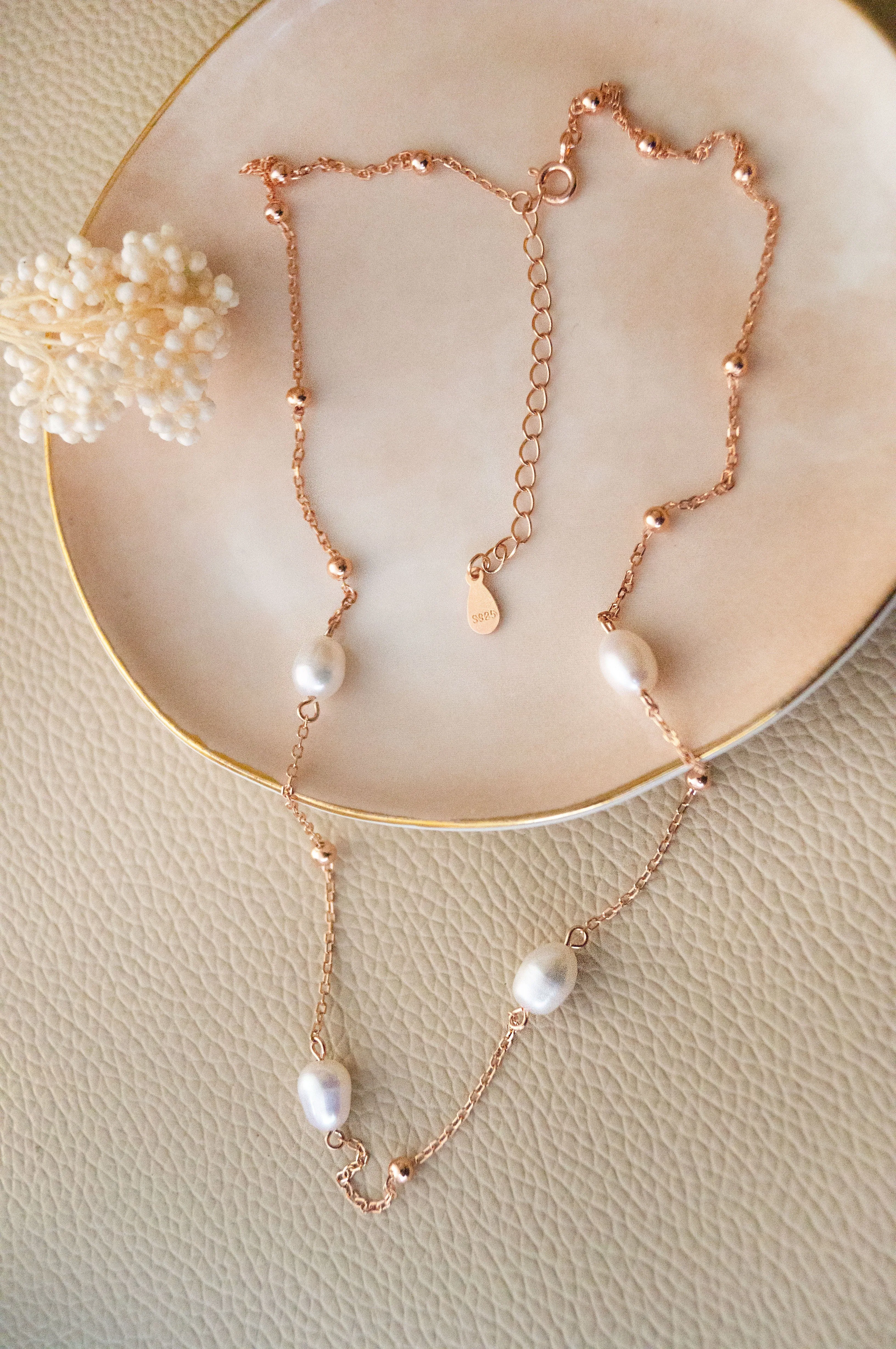 Pretty Pearls Station Rose Gold Plated  Sterling Silver Chain Necklace