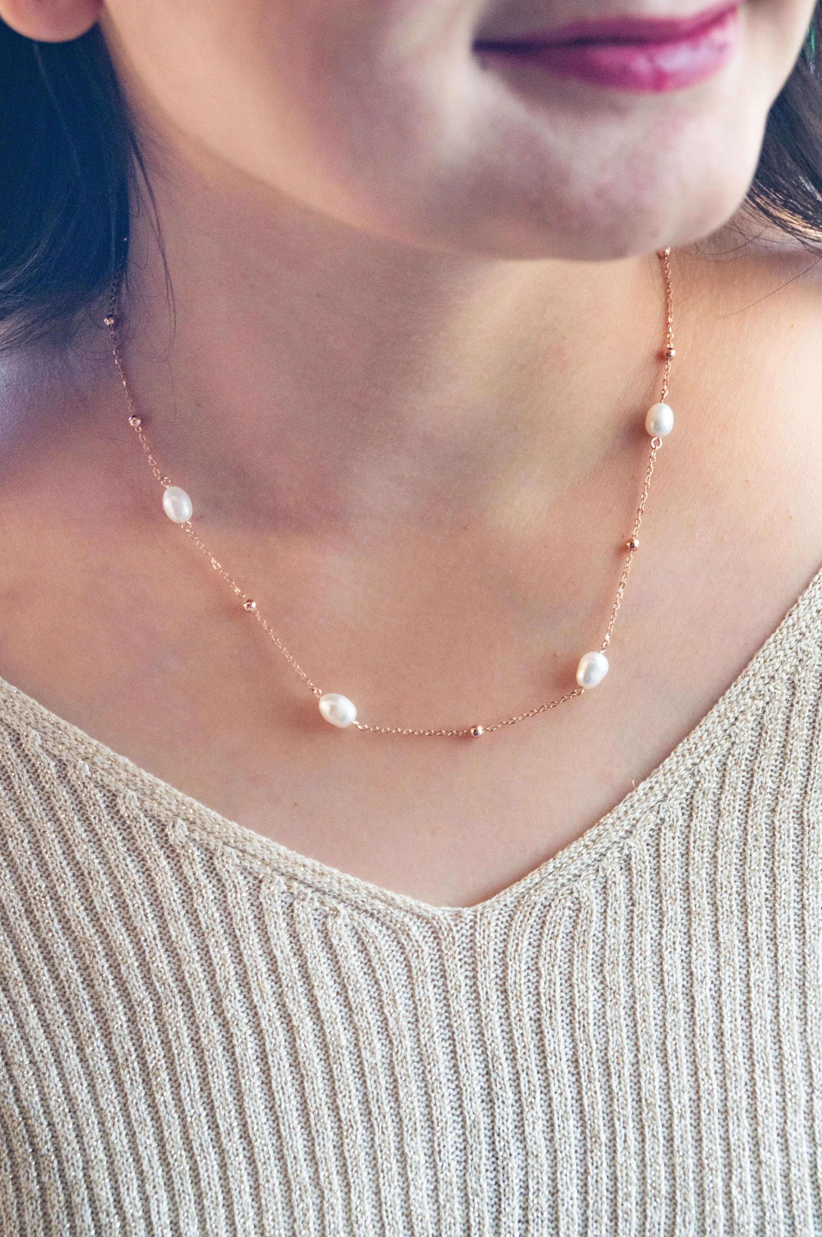 Pretty Pearls Station Rose Gold Plated  Sterling Silver Chain Necklace