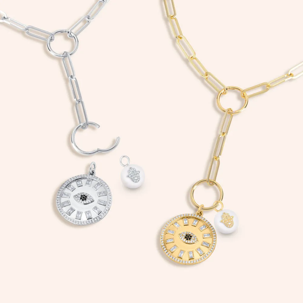 "Divine Protection" Multi Charm Medium Link Chain 22" Necklace Set - Evil Eye & Hand Charms