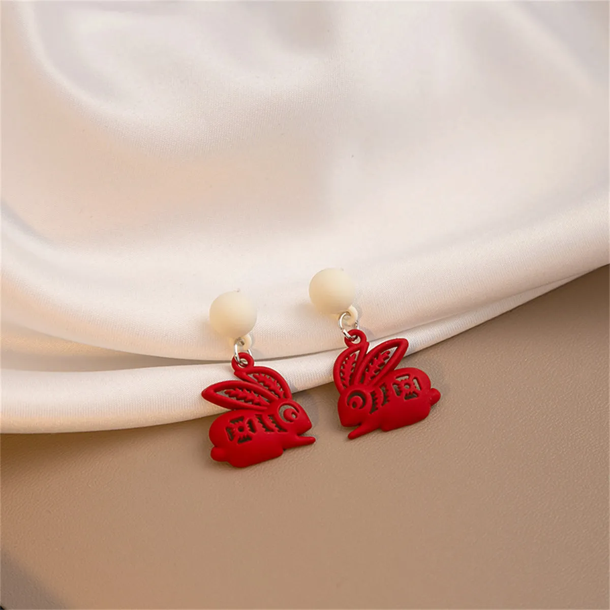 Red Enamel & Silver-Plated Abstract Rabbit Drop Earrings