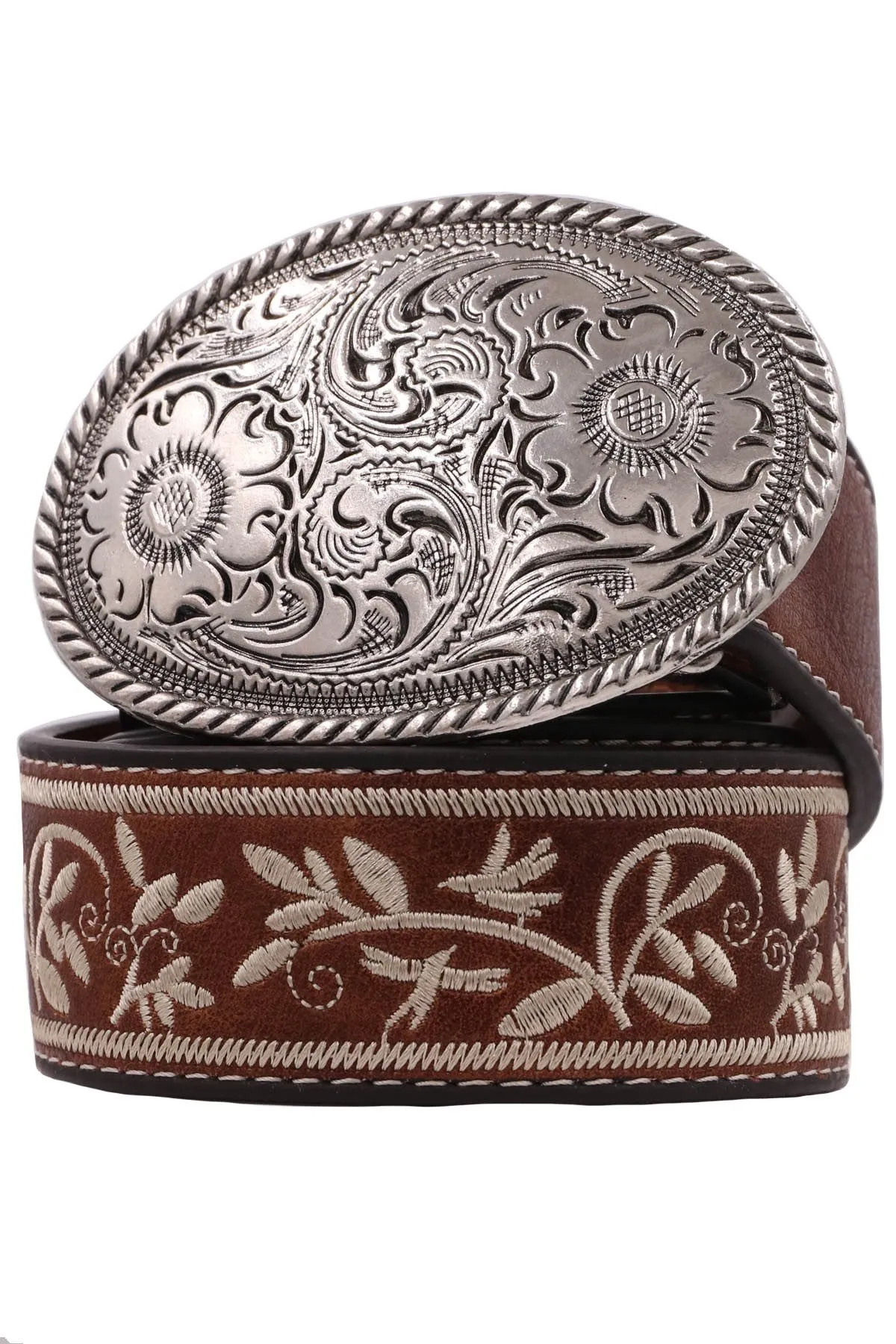 restocked - FLORAL EMBOSSED METAL BUCKLE EMBROIDERED BELT-  3 COLORS