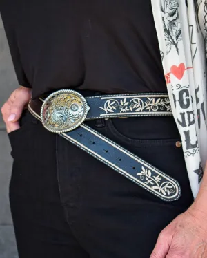 restocked - FLORAL EMBOSSED METAL BUCKLE EMBROIDERED BELT-  3 COLORS