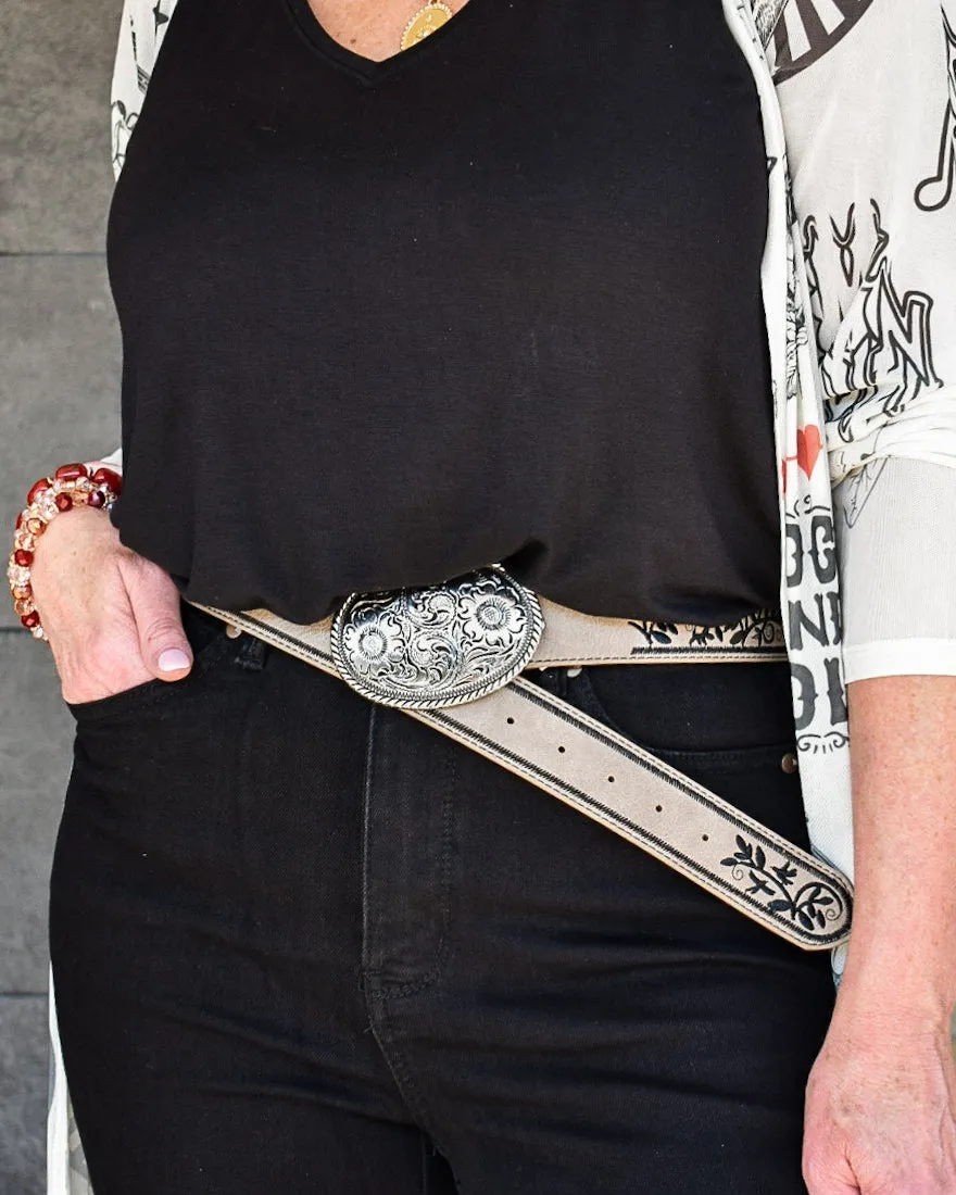 restocked - FLORAL EMBOSSED METAL BUCKLE EMBROIDERED BELT-  3 COLORS