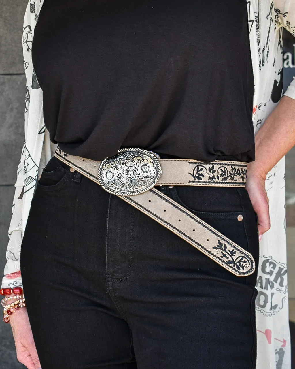 restocked - FLORAL EMBOSSED METAL BUCKLE EMBROIDERED BELT-  3 COLORS