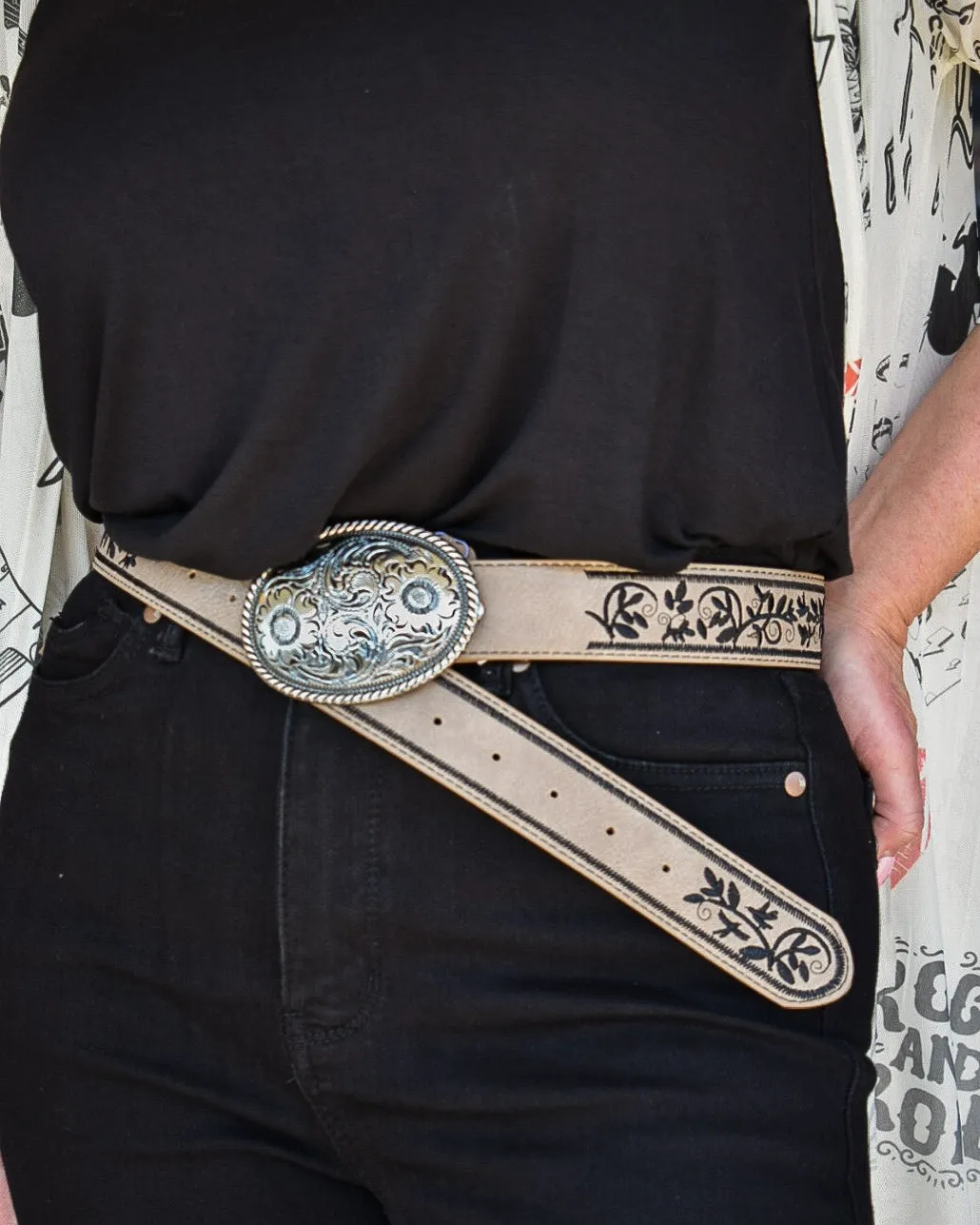 restocked - FLORAL EMBOSSED METAL BUCKLE EMBROIDERED BELT-  3 COLORS