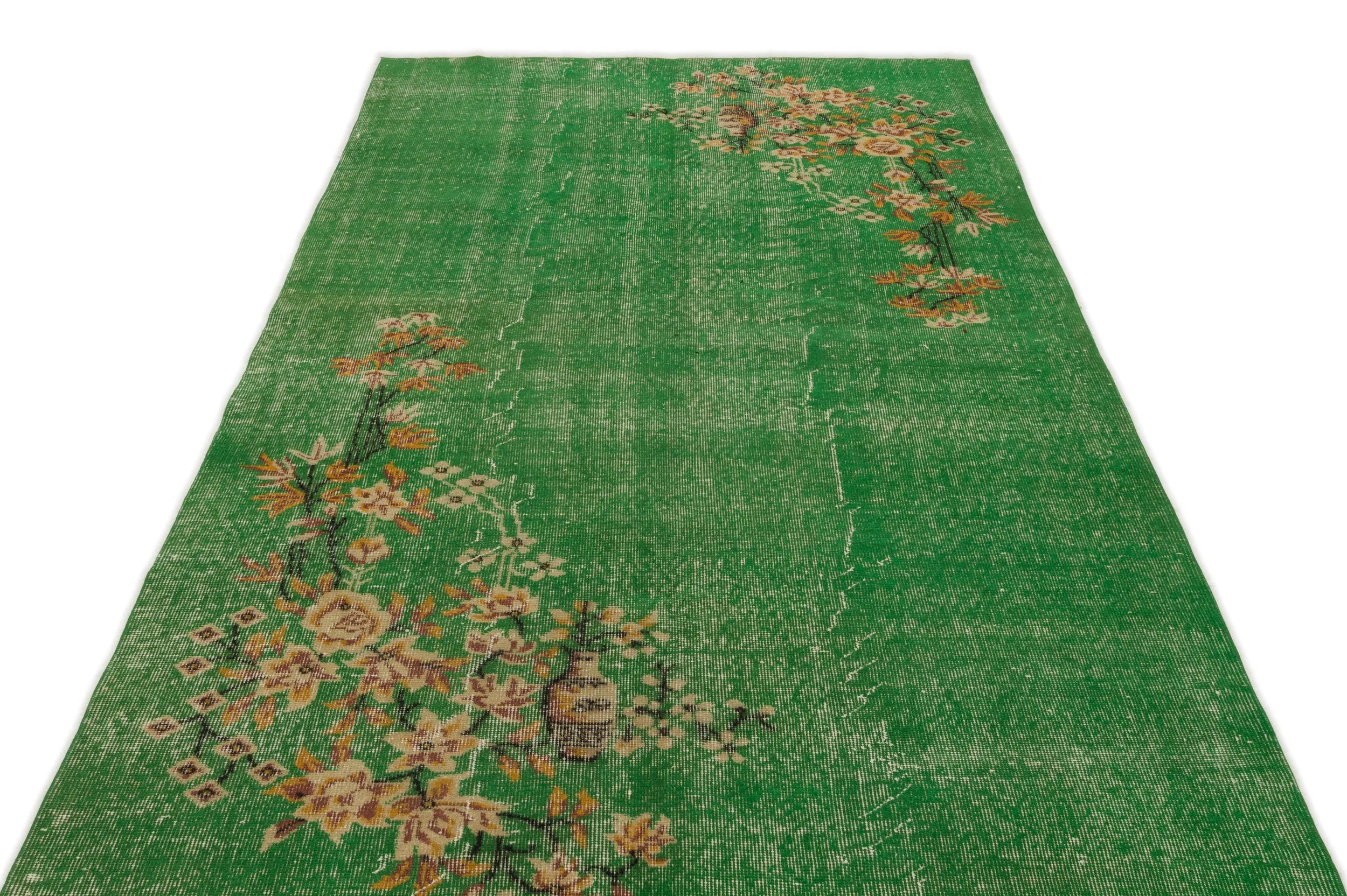 Retro Design Floral Over Dyed Vintage Rug 5'1'' x 8'11'' ft 154 x 271 cm