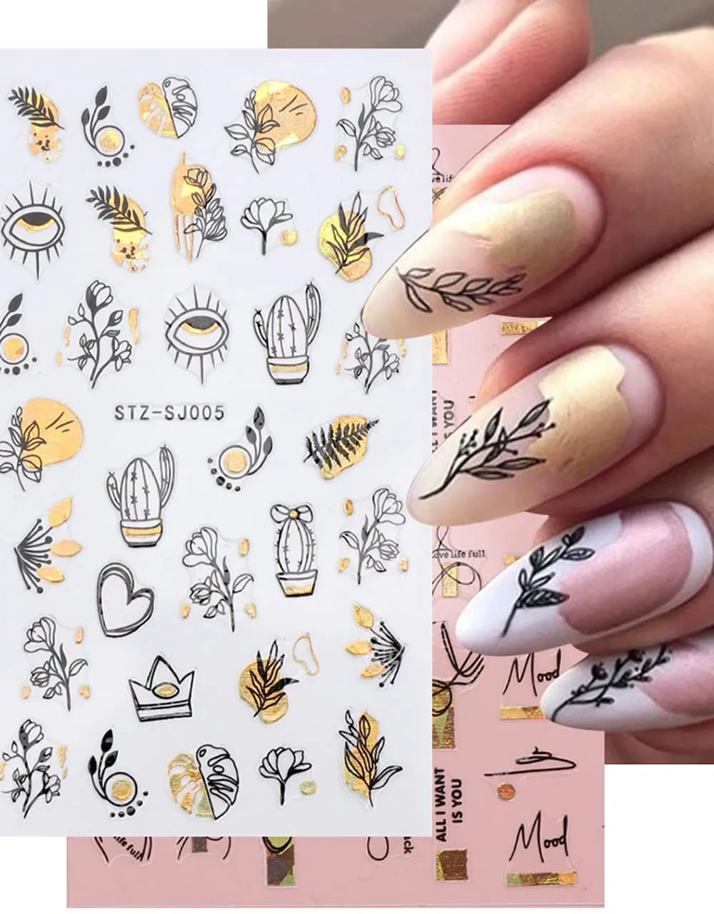Rose Gold Nail Art Sticker Decals Spring Flower Nail Supplies Holographic Laser Line Leaves Heart Cactus Leopard Abstract Face Design Acrylic Nail Accessory Decal for Women DIY Decoration (9 Pieces)