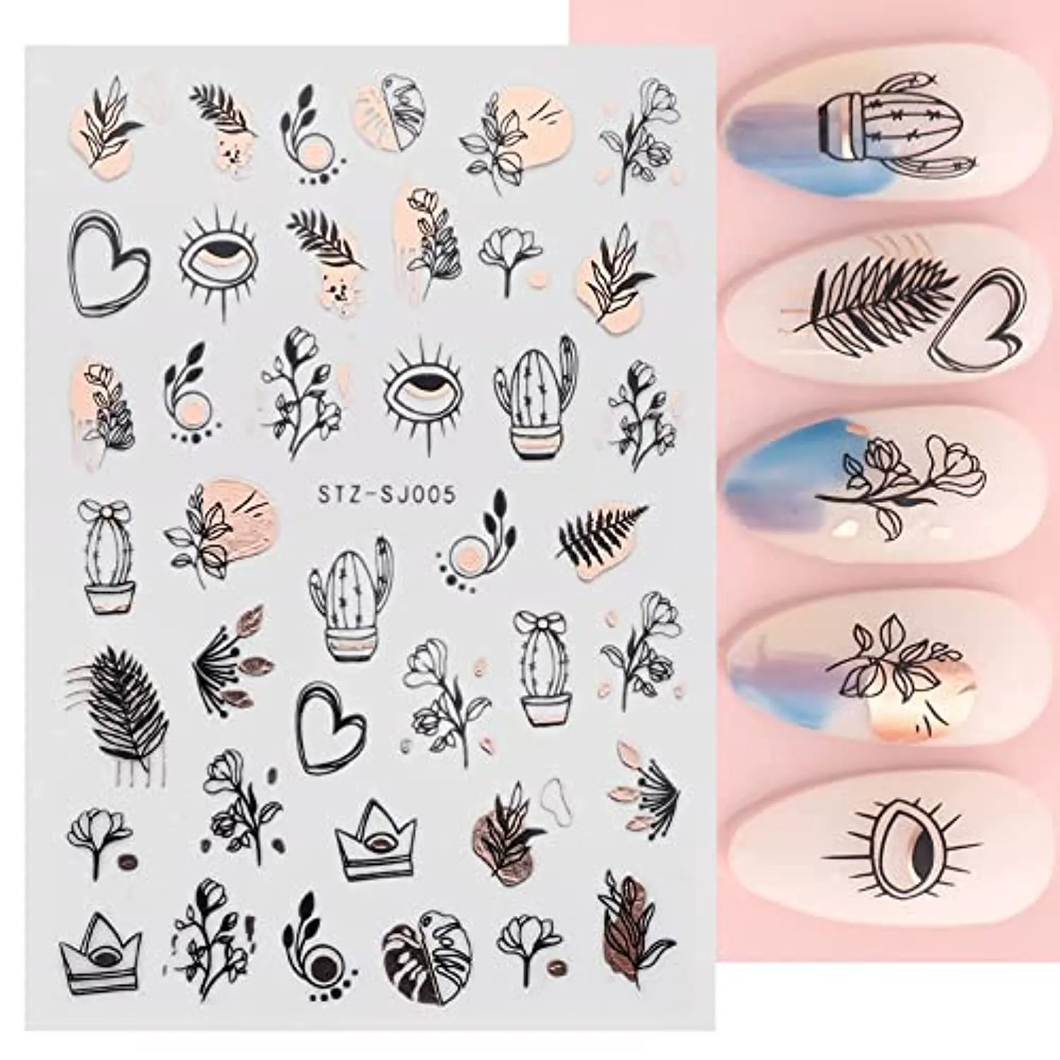 Rose Gold Nail Art Sticker Decals Spring Flower Nail Supplies Holographic Laser Line Leaves Heart Cactus Leopard Abstract Face Design Acrylic Nail Accessory Decal for Women DIY Decoration (9 Pieces)