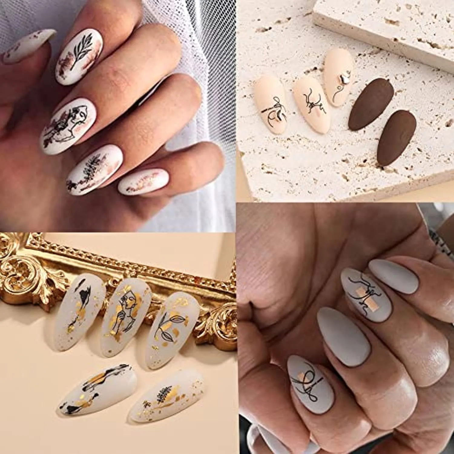 Rose Gold Nail Art Sticker Decals Spring Flower Nail Supplies Holographic Laser Line Leaves Heart Cactus Leopard Abstract Face Design Acrylic Nail Accessory Decal for Women DIY Decoration (9 Pieces)