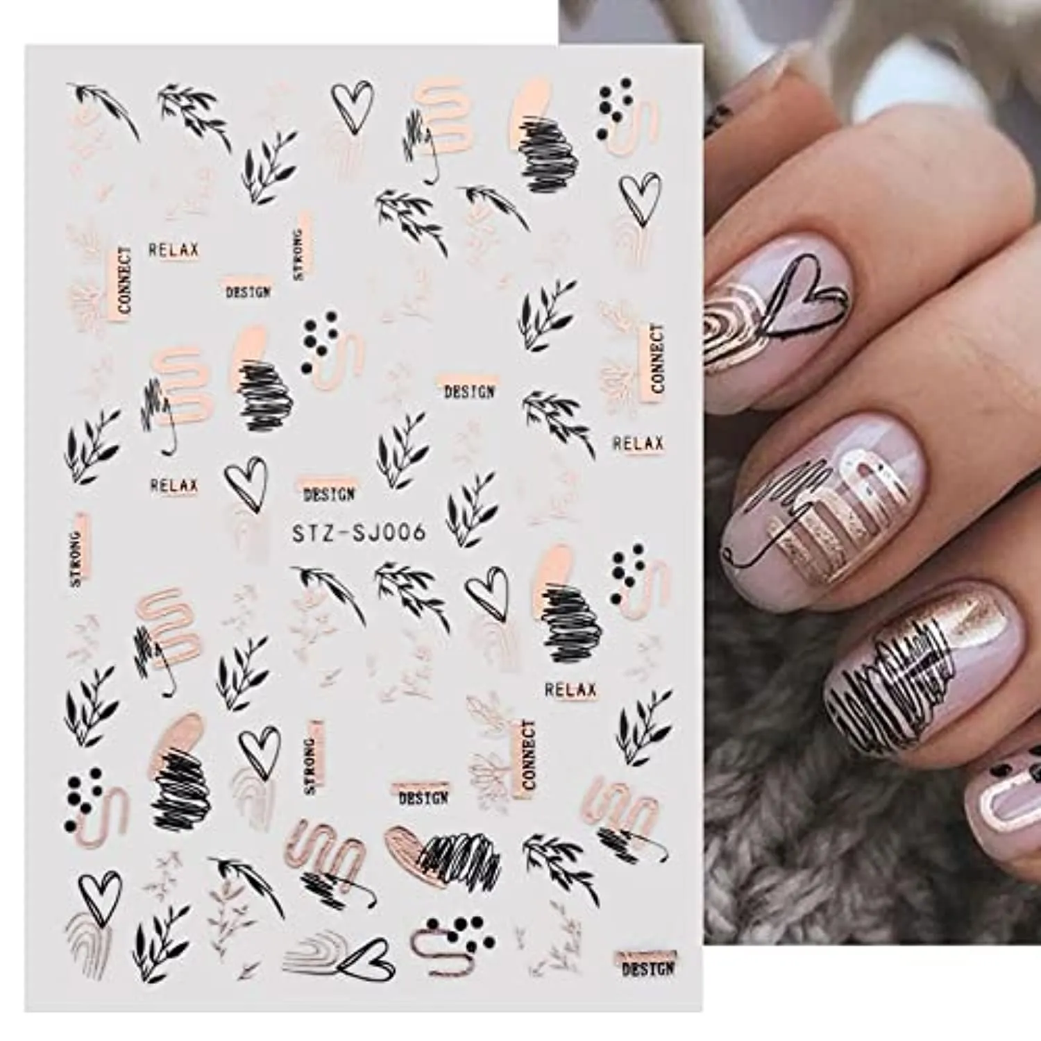 Rose Gold Nail Art Sticker Decals Spring Flower Nail Supplies Holographic Laser Line Leaves Heart Cactus Leopard Abstract Face Design Acrylic Nail Accessory Decal for Women DIY Decoration (9 Pieces)