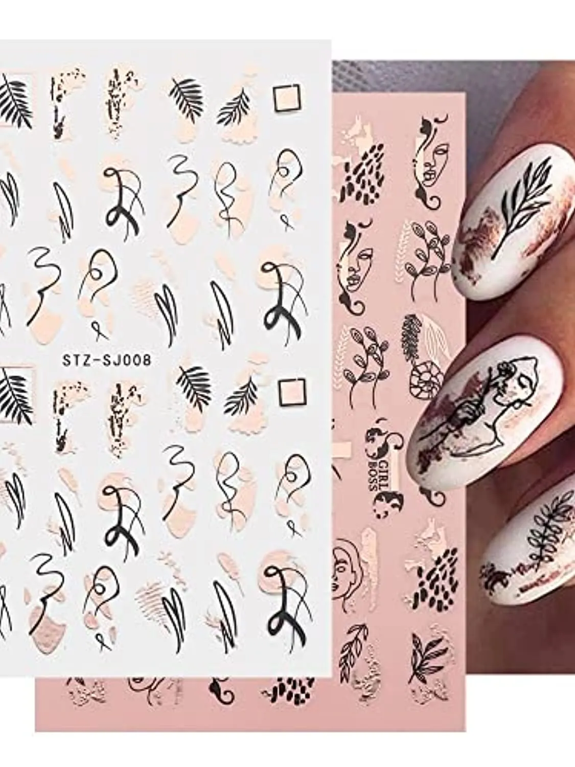 Rose Gold Nail Art Sticker Decals Spring Flower Nail Supplies Holographic Laser Line Leaves Heart Cactus Leopard Abstract Face Design Acrylic Nail Accessory Decal for Women DIY Decoration (9 Pieces)
