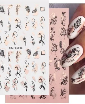 Rose Gold Nail Art Sticker Decals Spring Flower Nail Supplies Holographic Laser Line Leaves Heart Cactus Leopard Abstract Face Design Acrylic Nail Accessory Decal for Women DIY Decoration (9 Pieces)