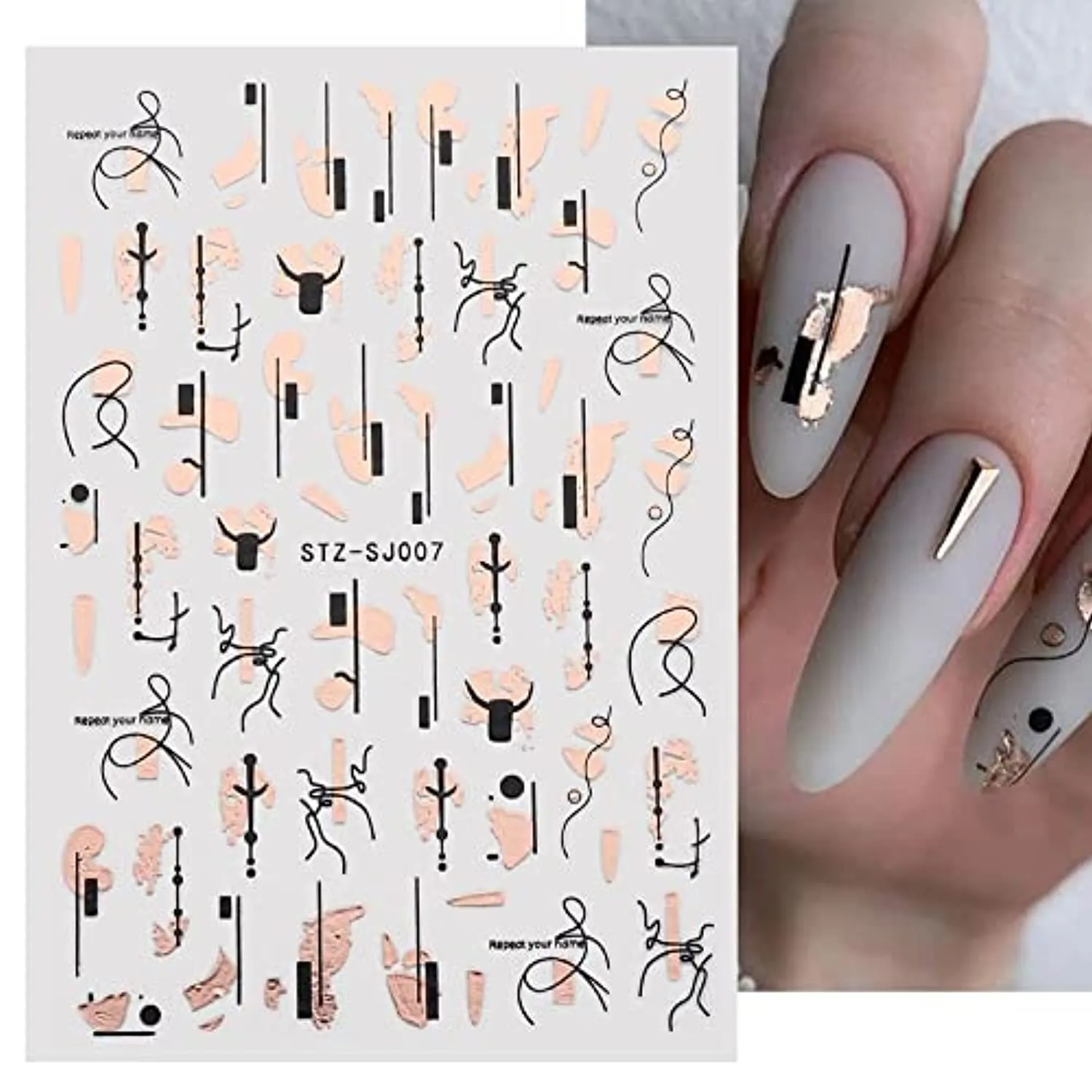 Rose Gold Nail Art Sticker Decals Spring Flower Nail Supplies Holographic Laser Line Leaves Heart Cactus Leopard Abstract Face Design Acrylic Nail Accessory Decal for Women DIY Decoration (9 Pieces)