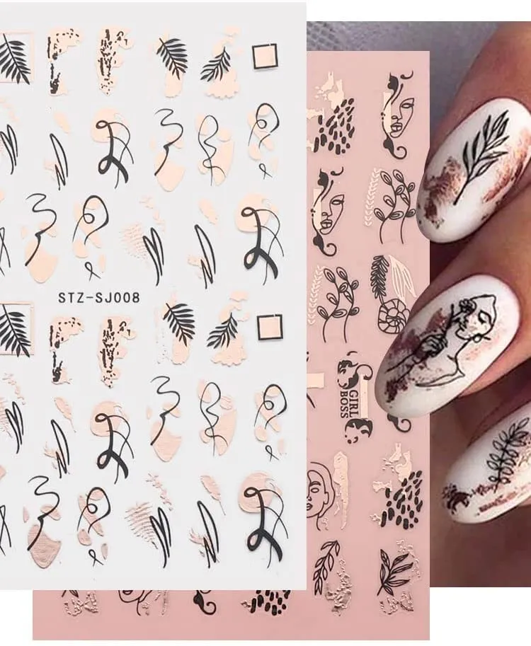 Rose Gold Nail Art Sticker Decals Spring Flower Nail Supplies Holographic Laser Line Leaves Heart Cactus Leopard Abstract Face Design Acrylic Nail Accessory Decal for Women DIY Decoration (9 Pieces)