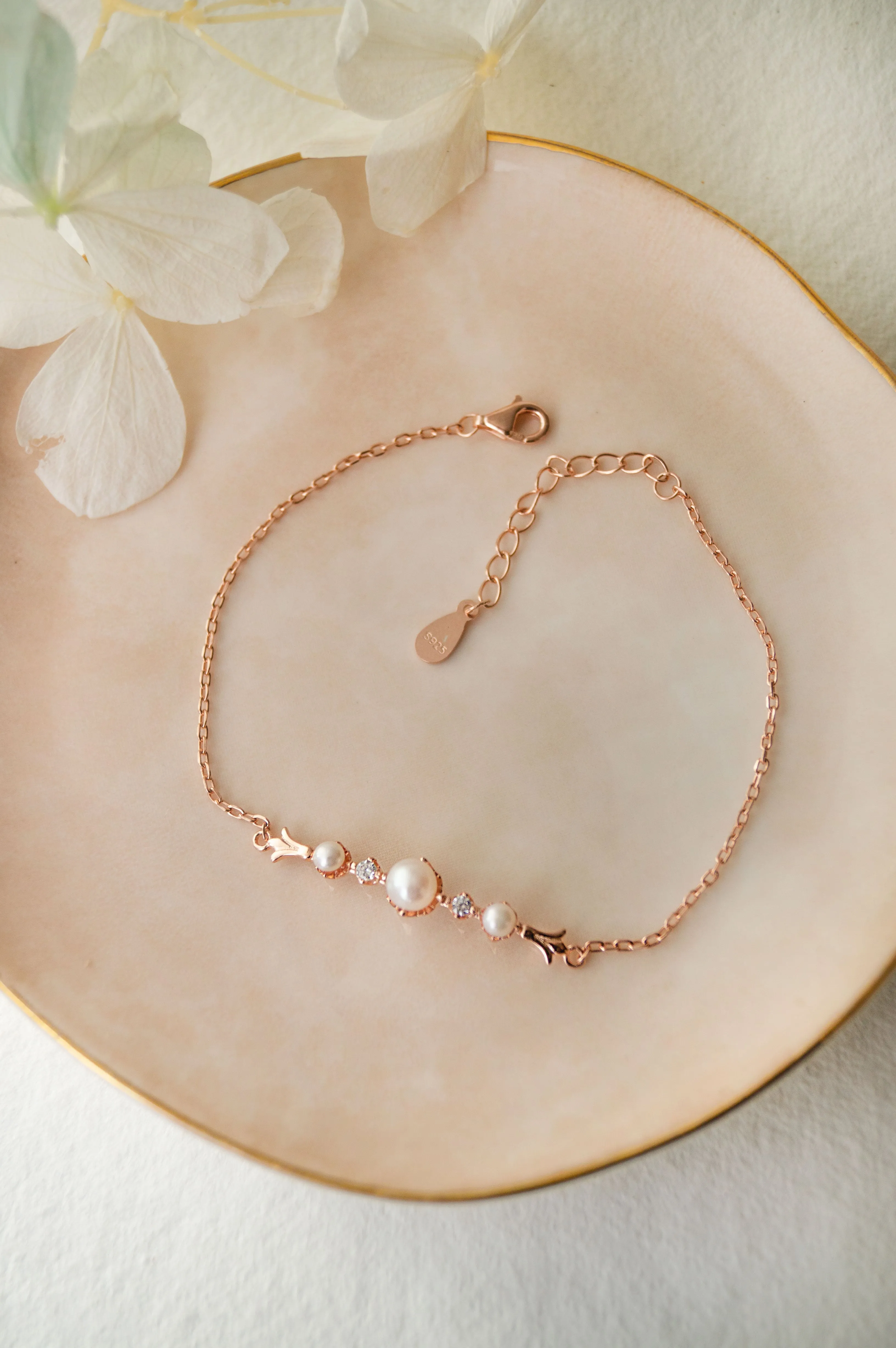 Royal Pearl Rose Gold Plated Sterling Silver Chain Bracelet