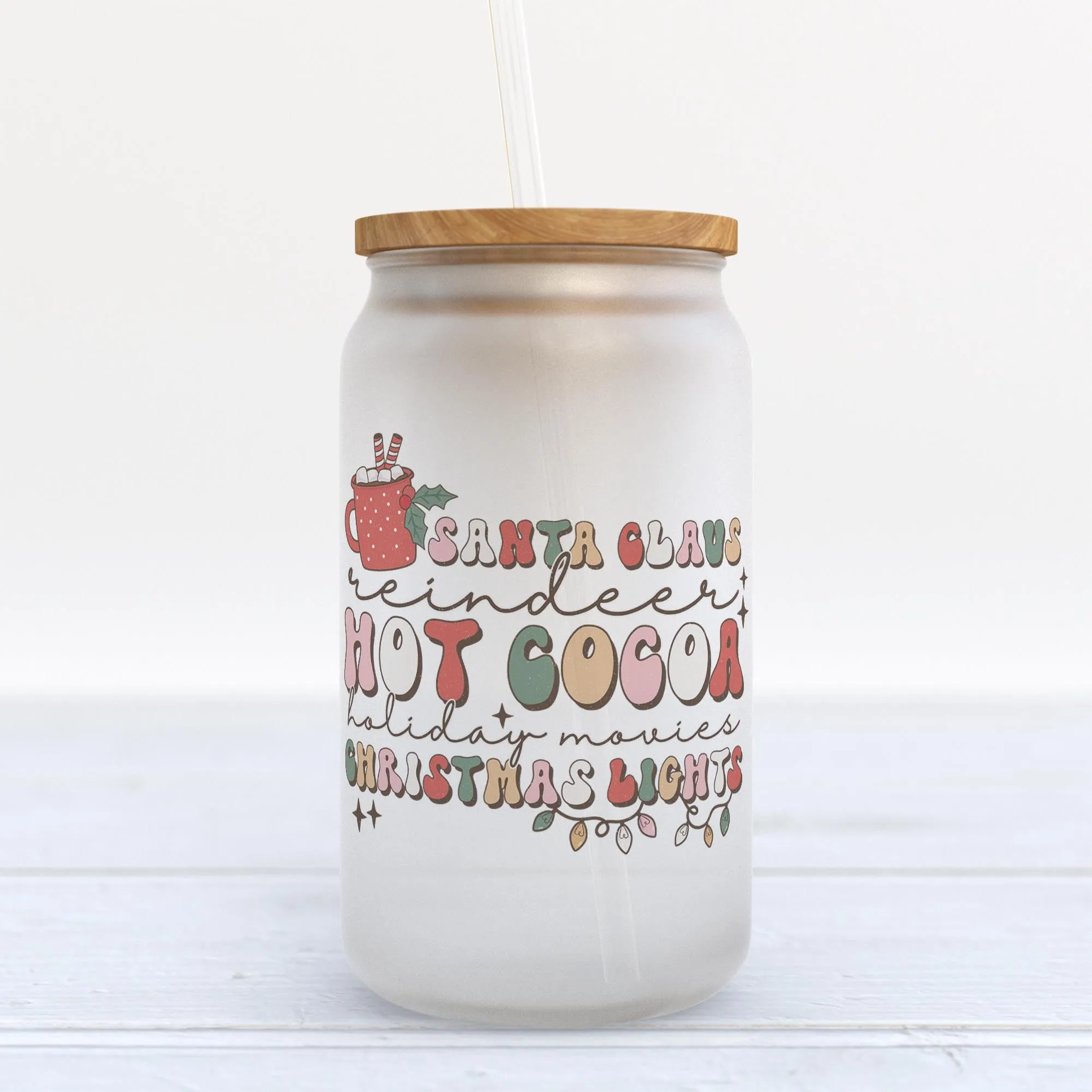 Santa Claus Hot Cocoa Christmas Lights Retro Frosted Glass Can Tumbler