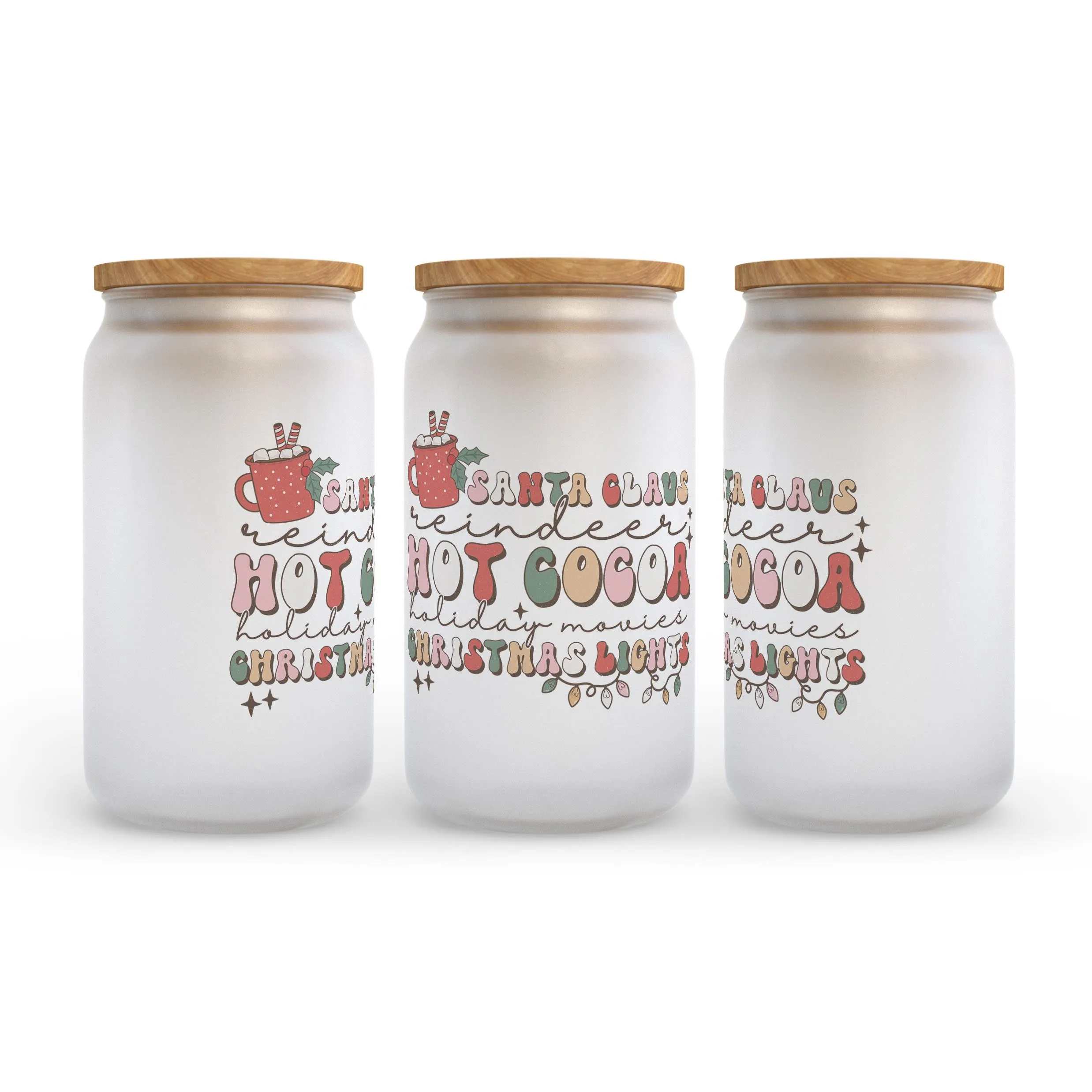 Santa Claus Hot Cocoa Christmas Lights Retro Frosted Glass Can Tumbler