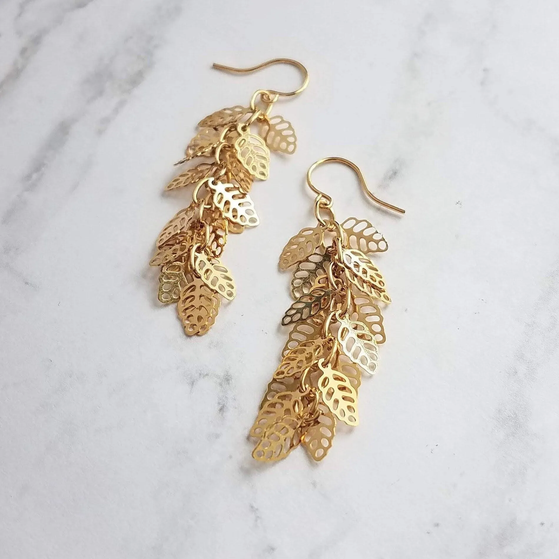 Shaggy Leaf Earrings - long thin gold cascade fringe of small little tiny staggered filigree leaves on simple dainty delicate hooks