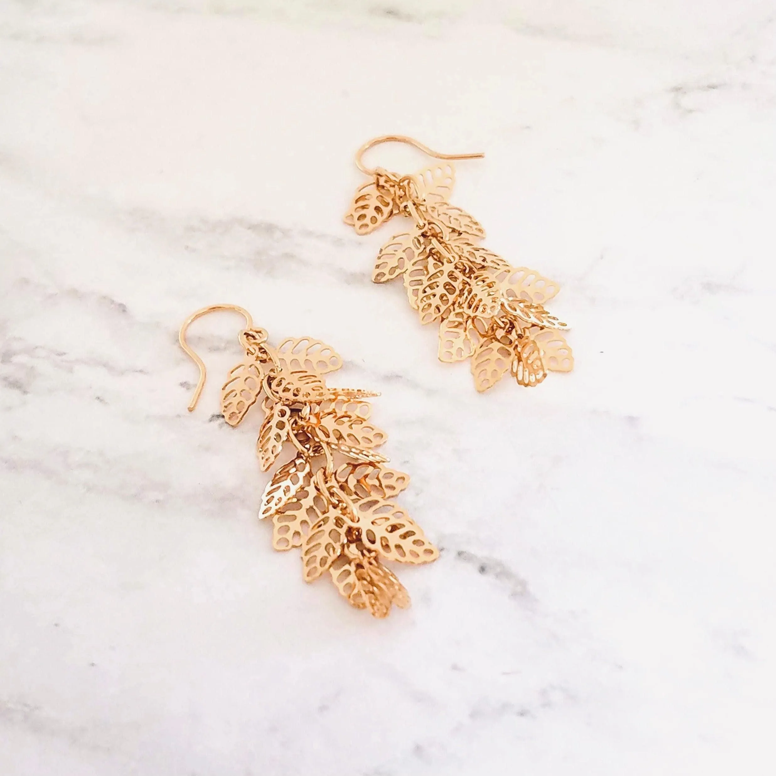 Shaggy Leaf Earrings - long thin gold cascade fringe of small little tiny staggered filigree leaves on simple dainty delicate hooks
