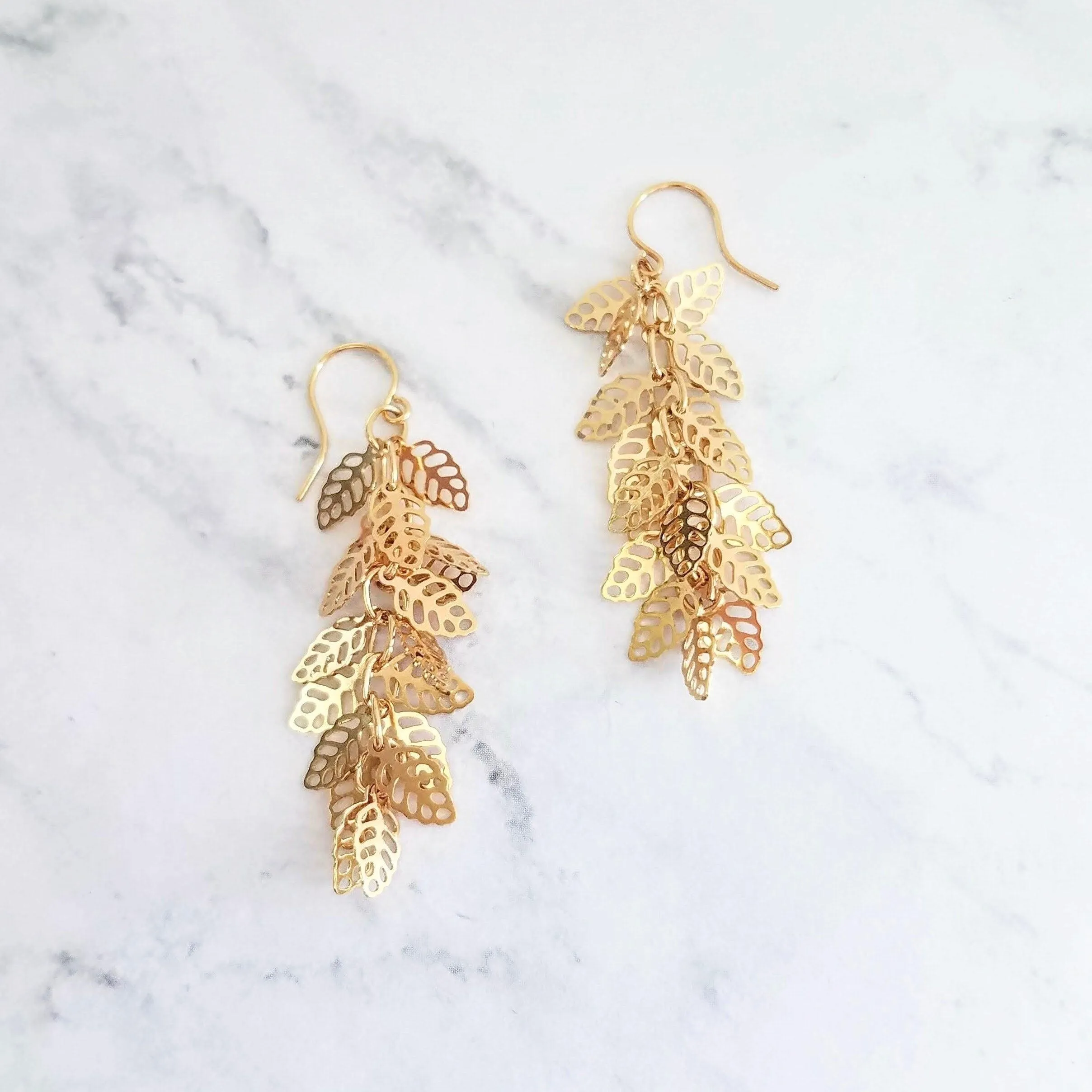 Shaggy Leaf Earrings - long thin gold cascade fringe of small little tiny staggered filigree leaves on simple dainty delicate hooks